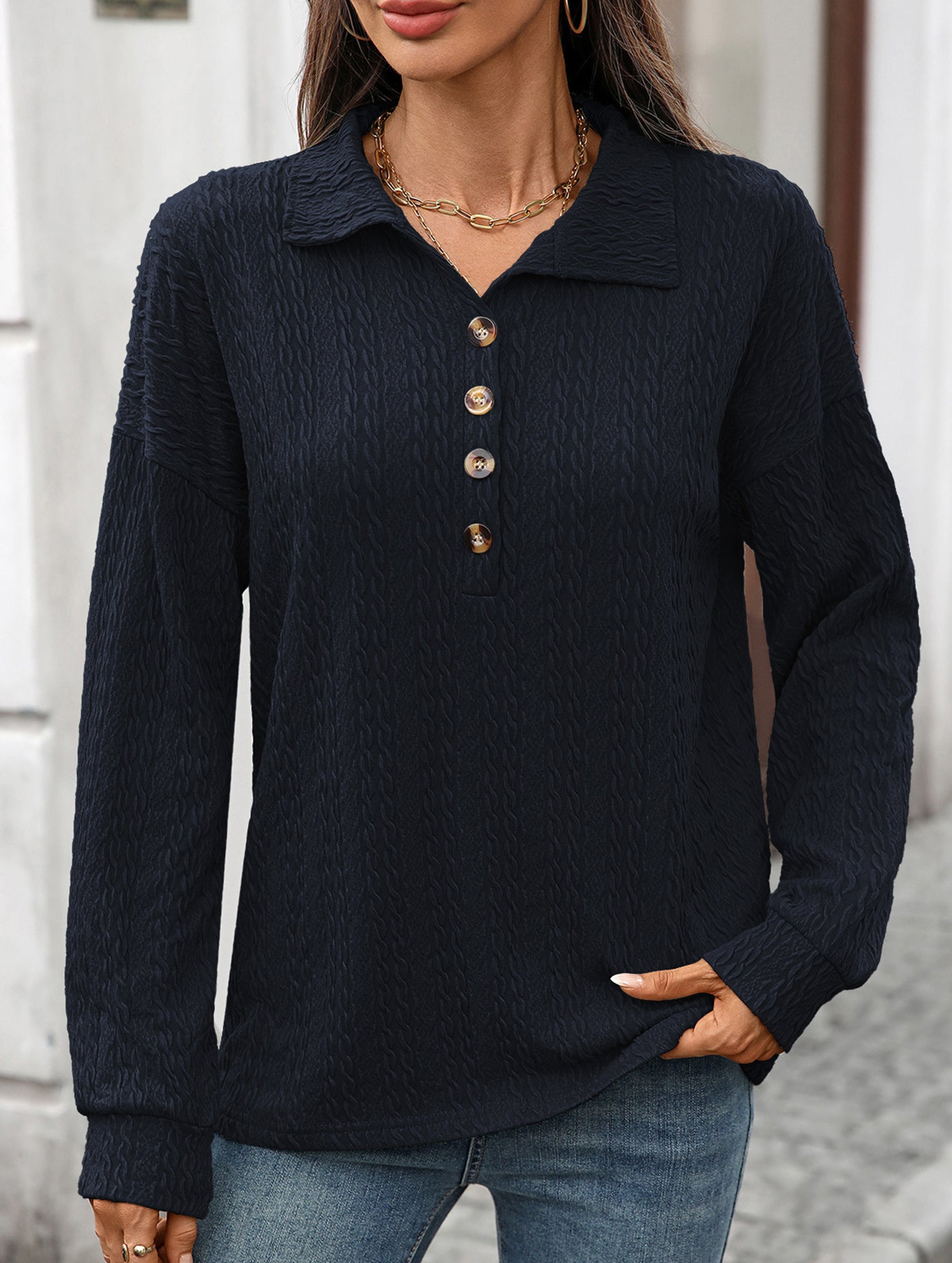 Lapel Casual Button Loose Long Sleeve Sweatshirt