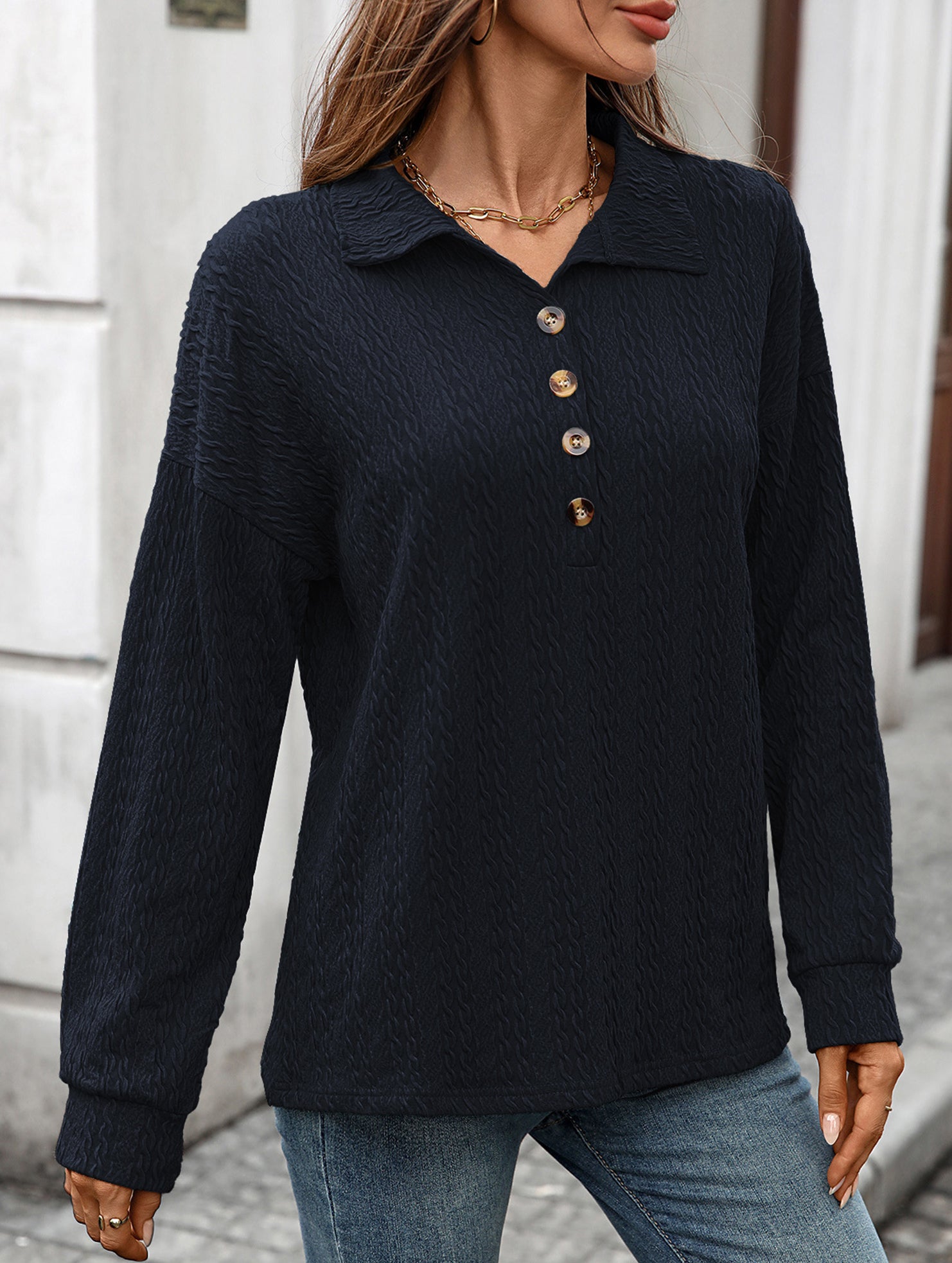 Lapel Casual Button Loose Long Sleeve Sweatshirt