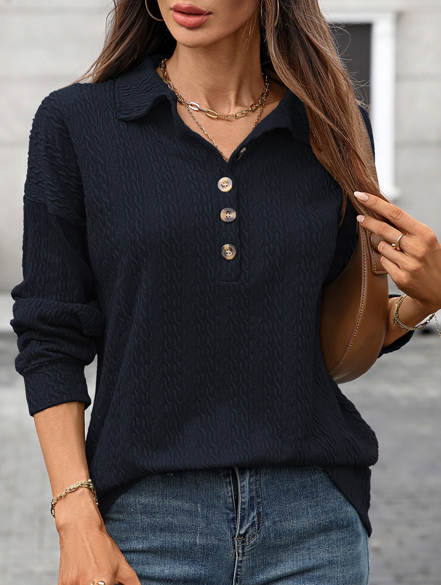 Lapel Casual Button Loose Long Sleeve Sweatshirt