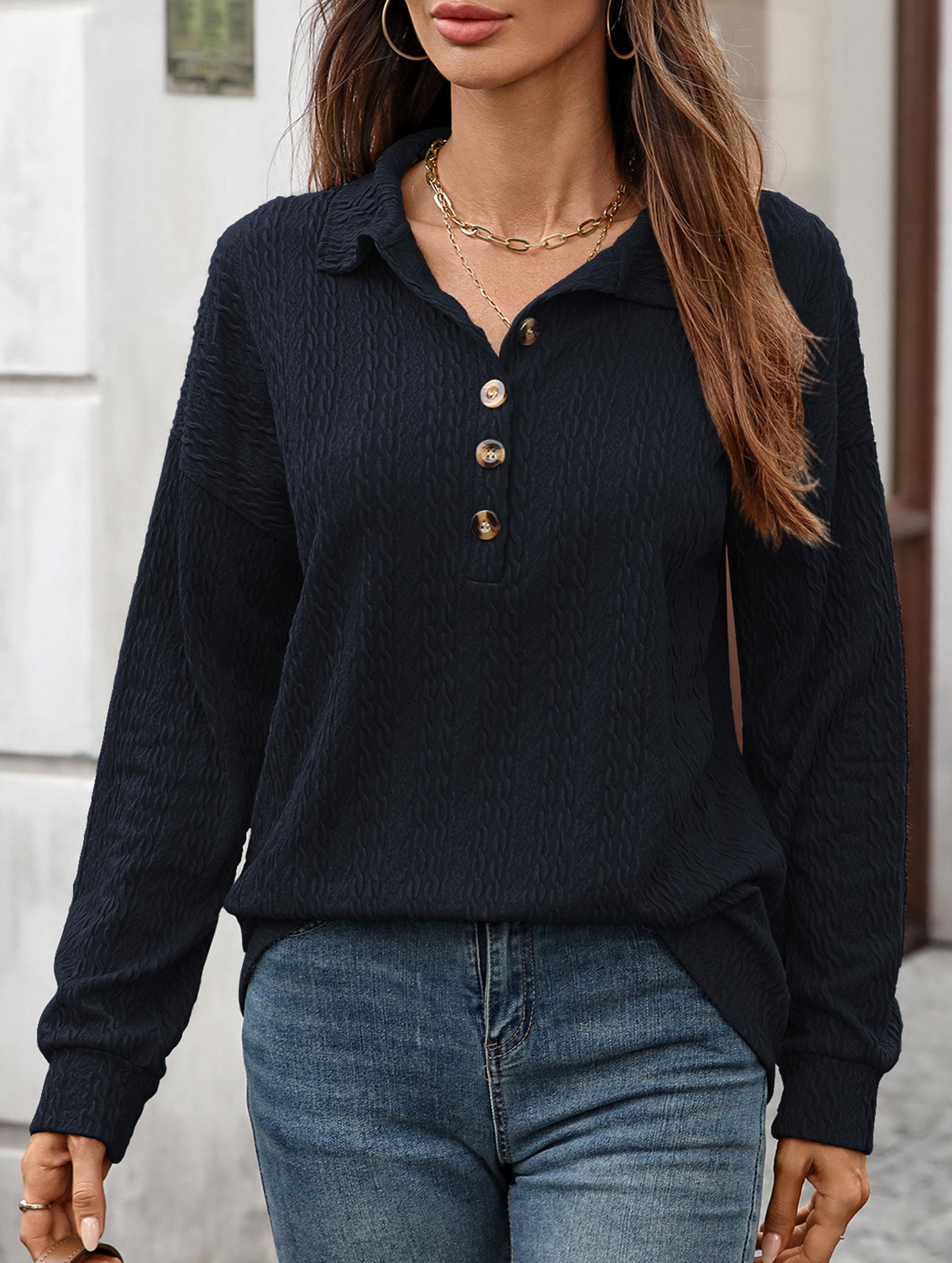 Lapel Casual Button Loose Long Sleeve Sweatshirt