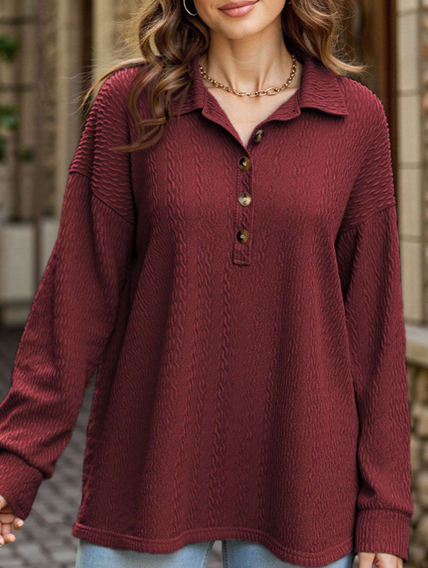 Lapel Casual Button Loose Long Sleeve Sweatshirt