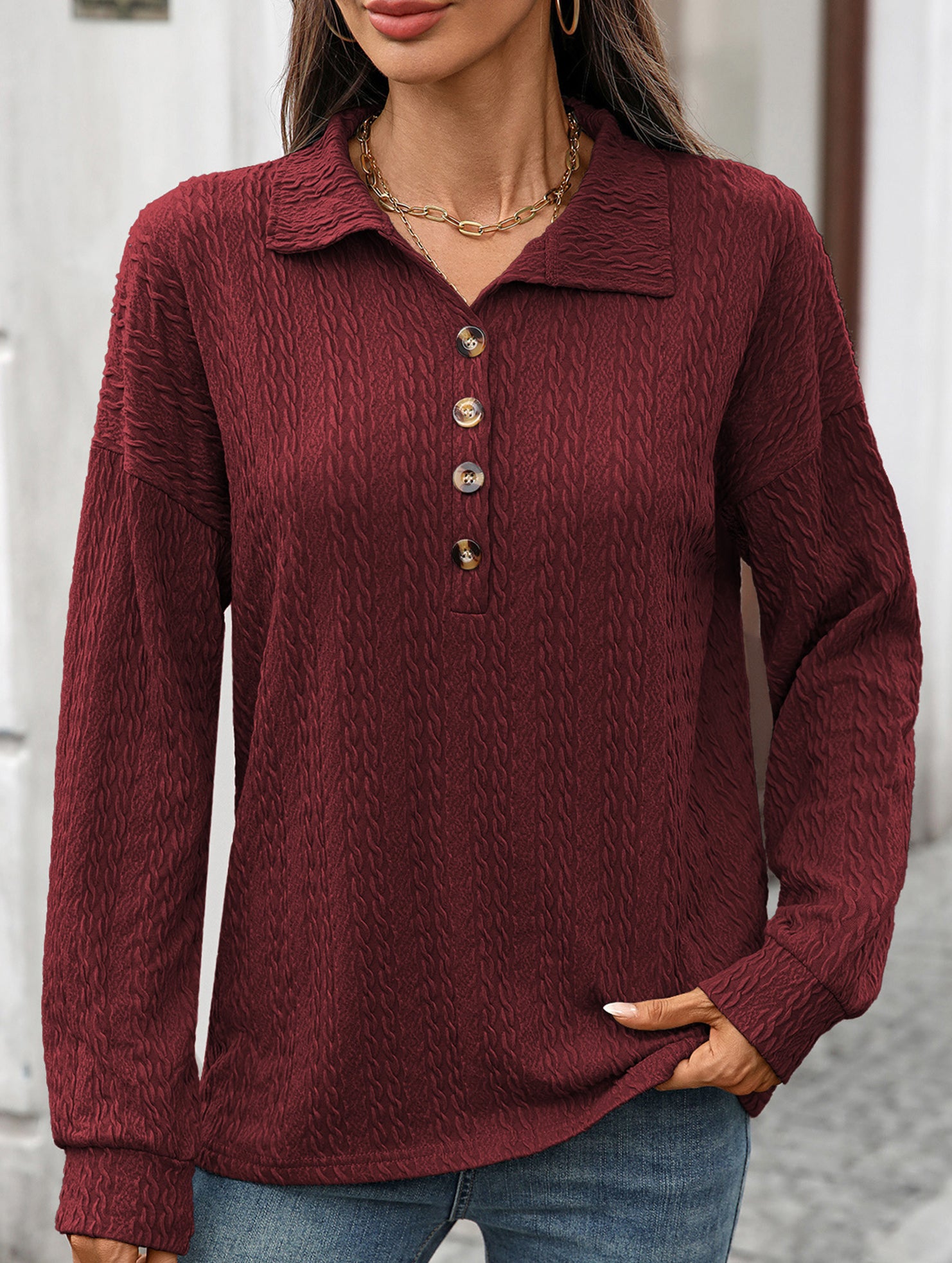 Lapel Casual Button Loose Long Sleeve Sweatshirt