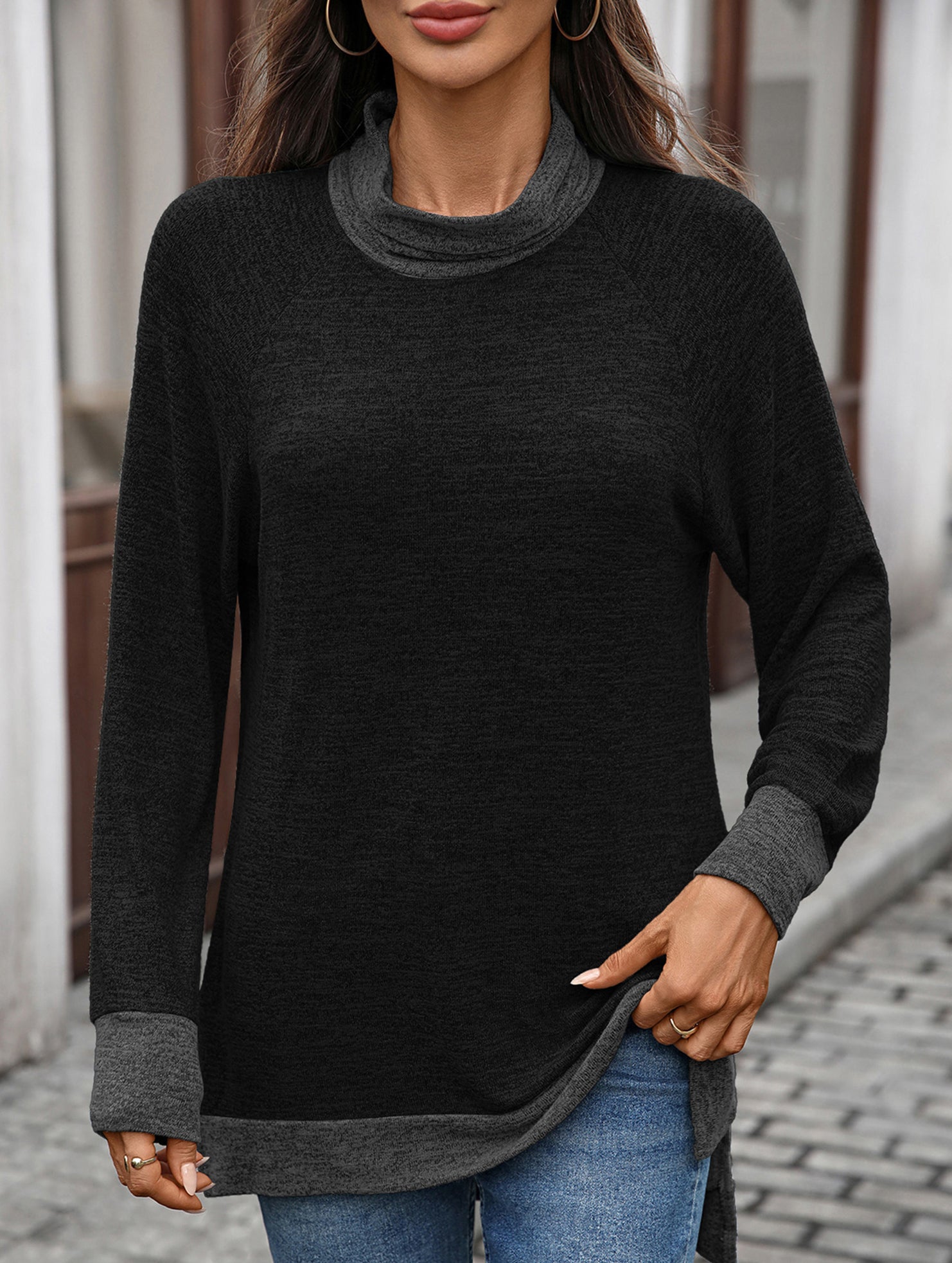 Contrast color loose long-sleeved T-shirt top