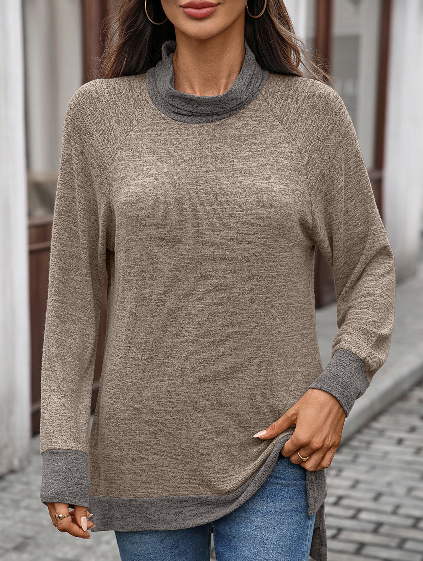 Contrast color loose long-sleeved T-shirt top