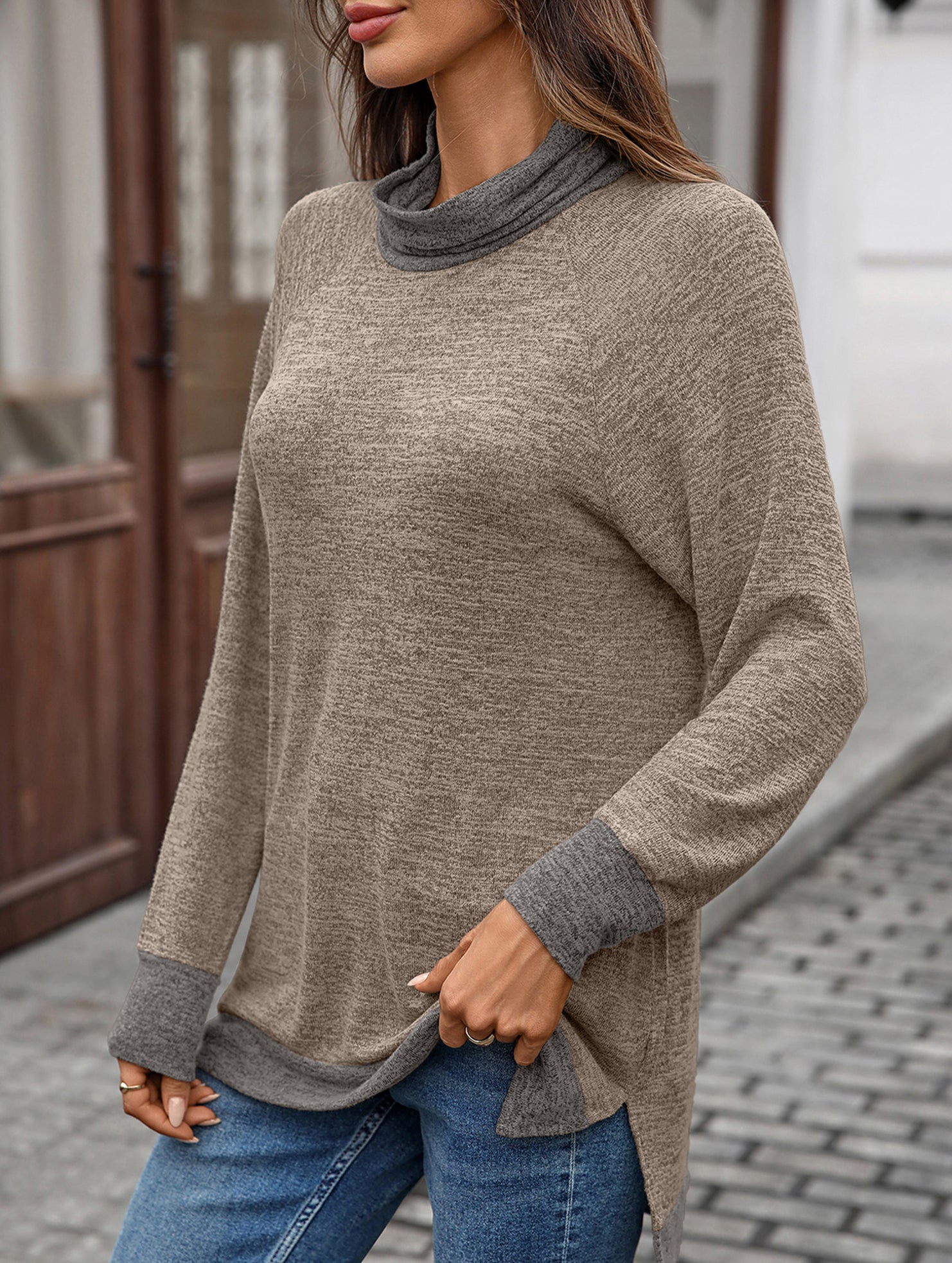 Contrast color loose long-sleeved T-shirt top