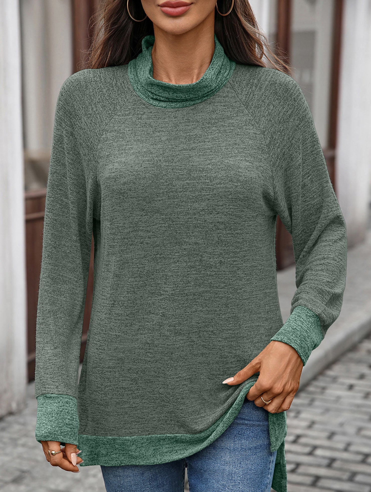 Contrast color loose long-sleeved T-shirt top