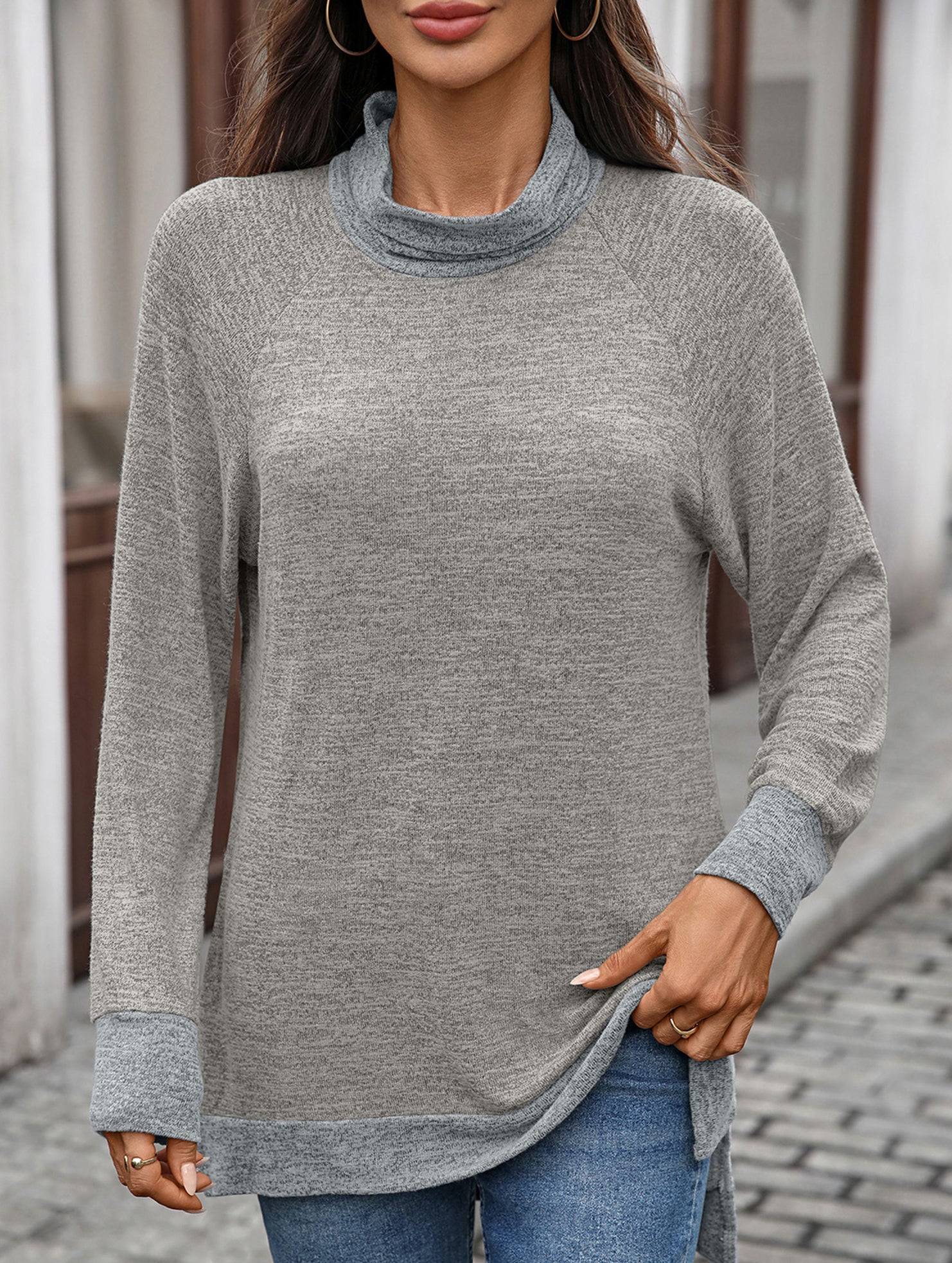 Contrast color loose long-sleeved T-shirt top