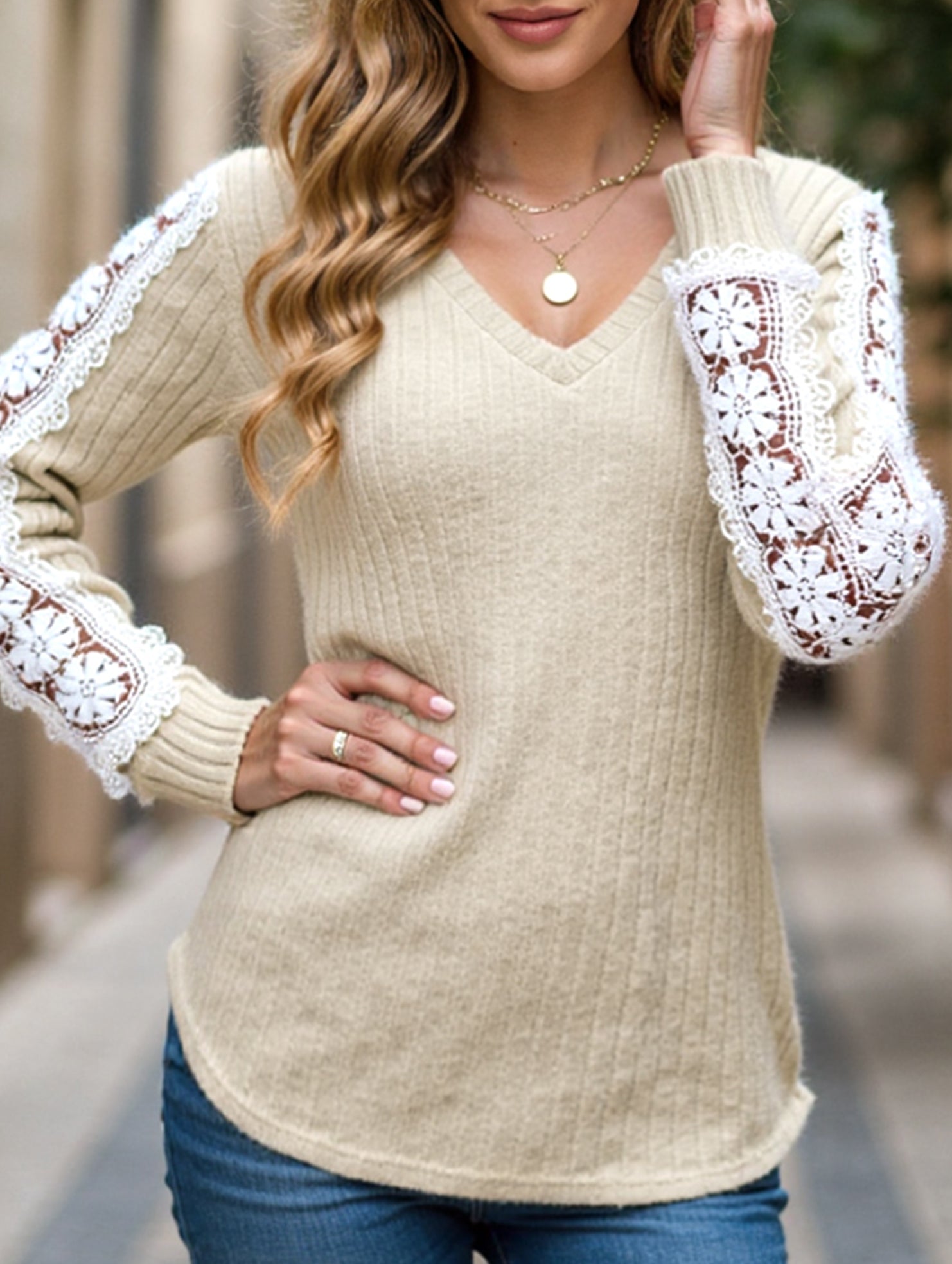 V-neck loose long-sleeved lace top