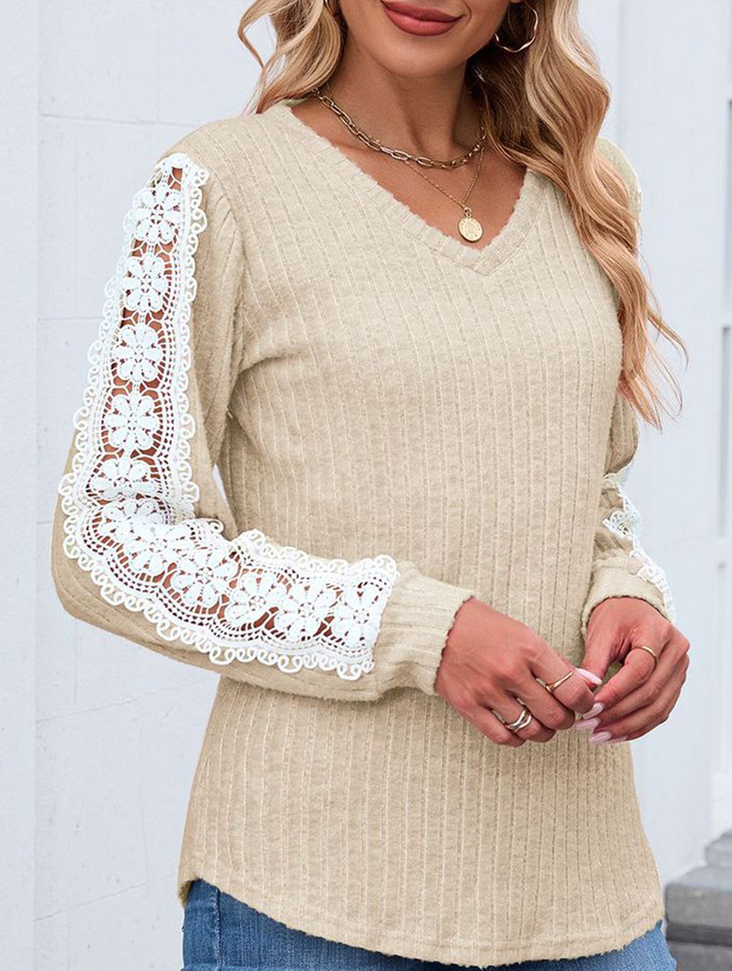 V-neck loose long-sleeved lace top