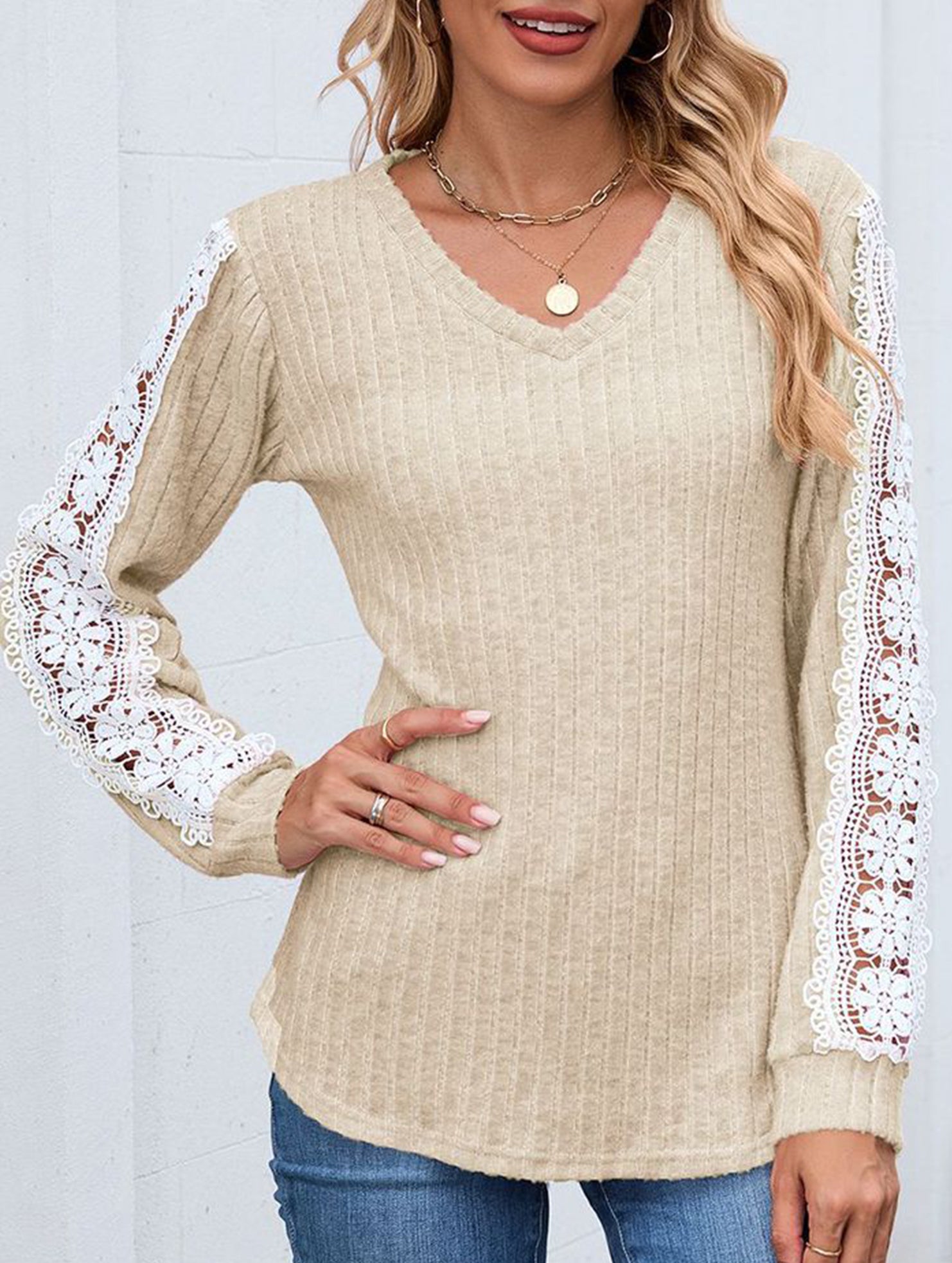 V-neck loose long-sleeved lace top