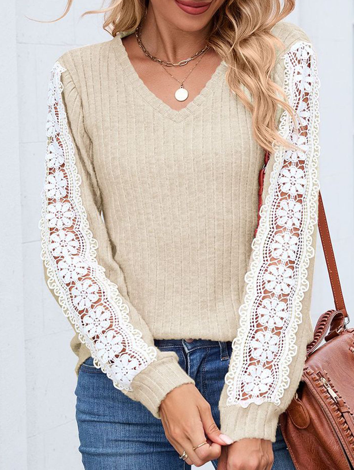 V-neck loose long-sleeved lace top