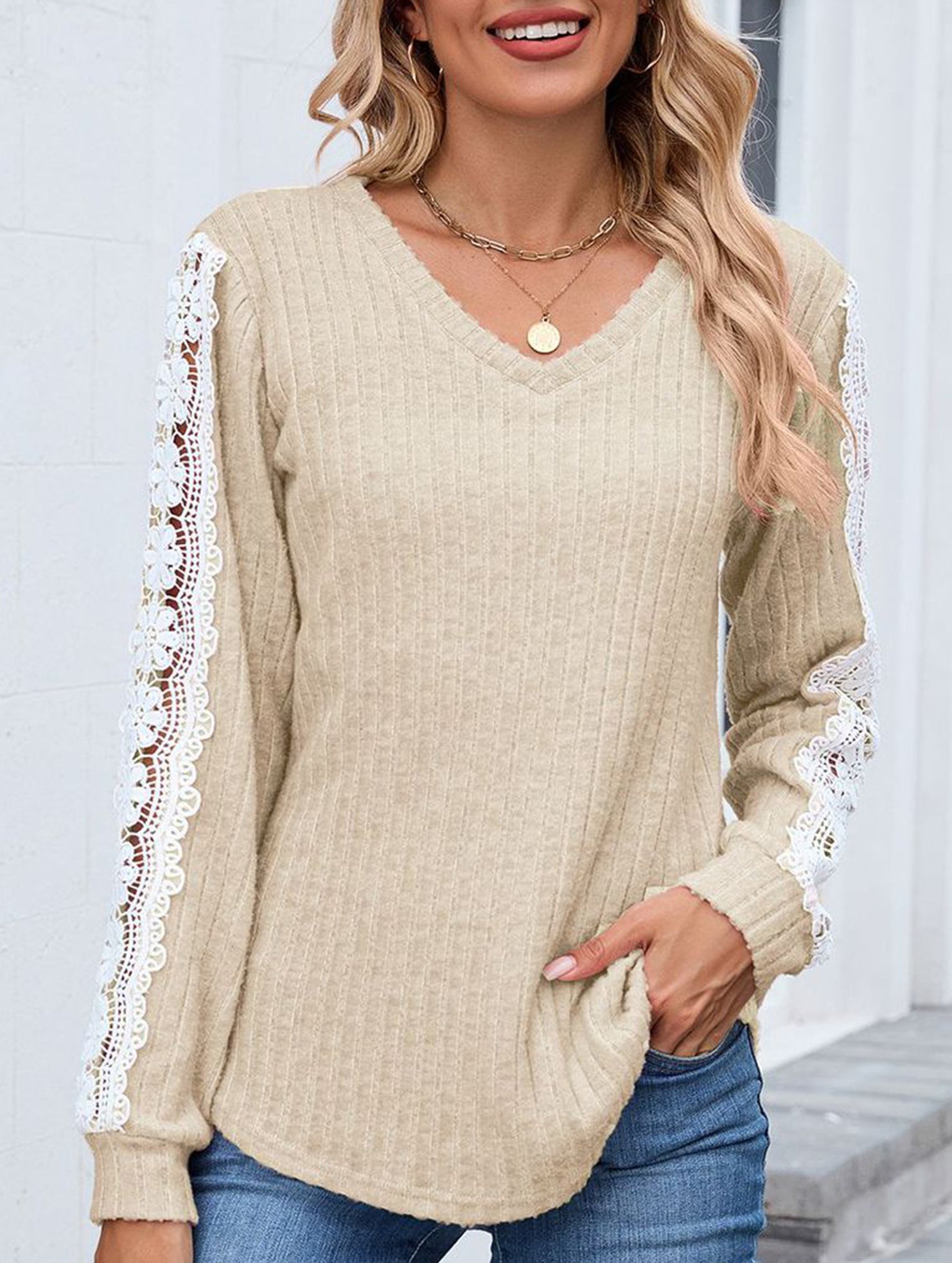 V-neck loose long-sleeved lace top