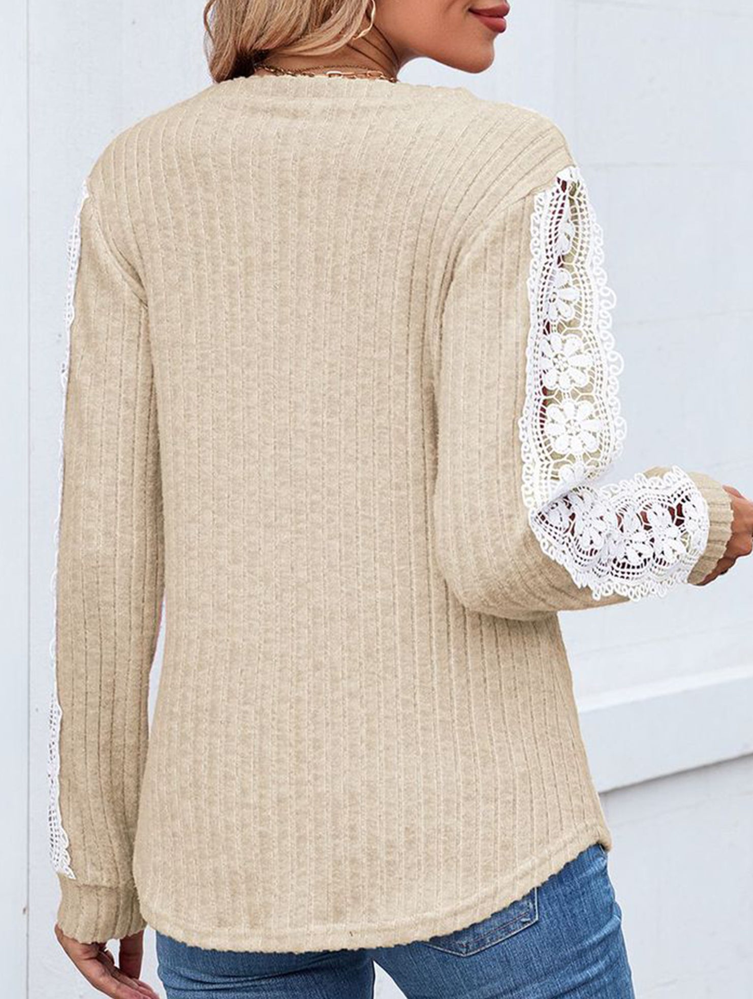 V-neck loose long-sleeved lace top
