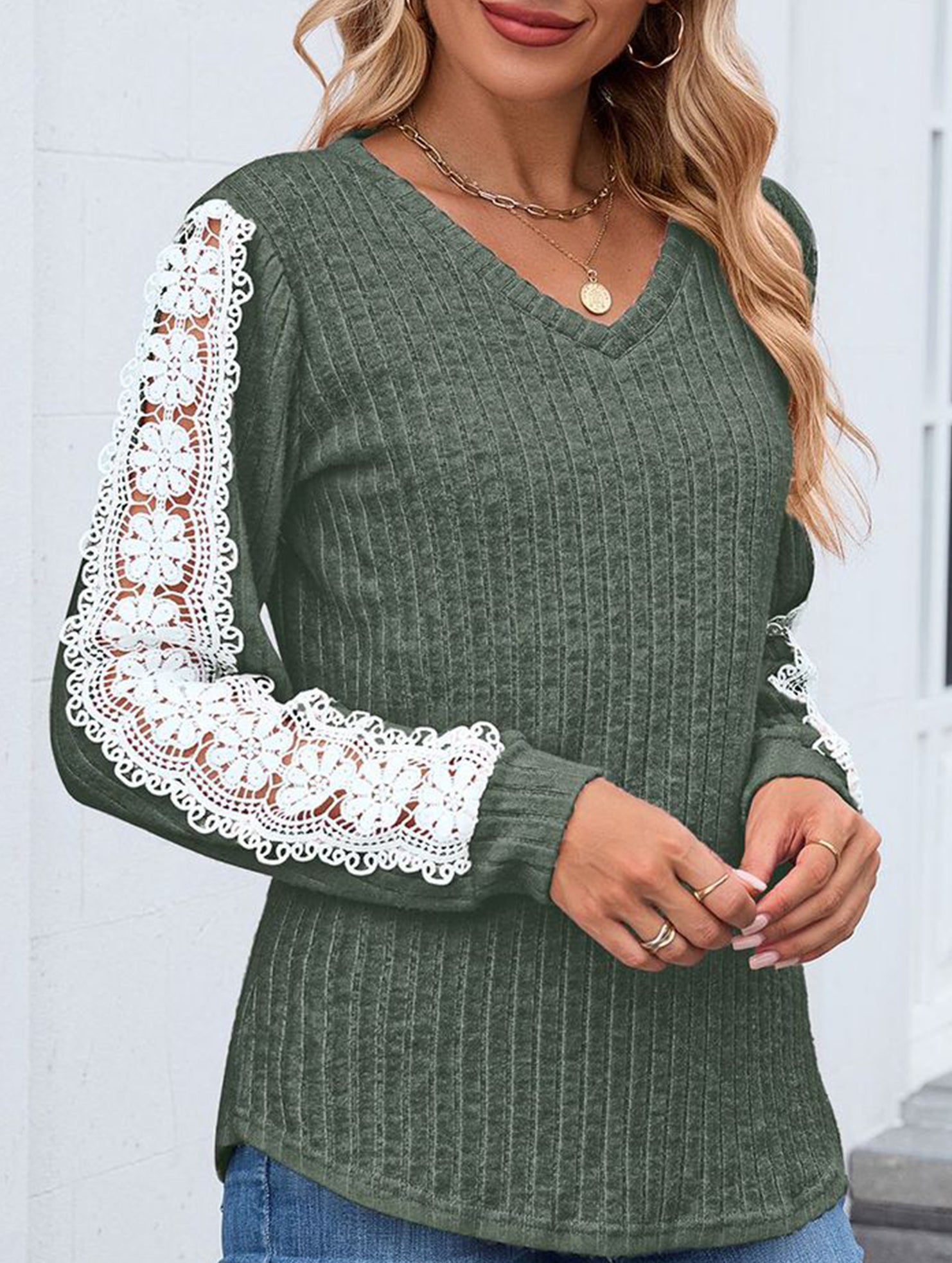 V-neck loose long-sleeved lace top