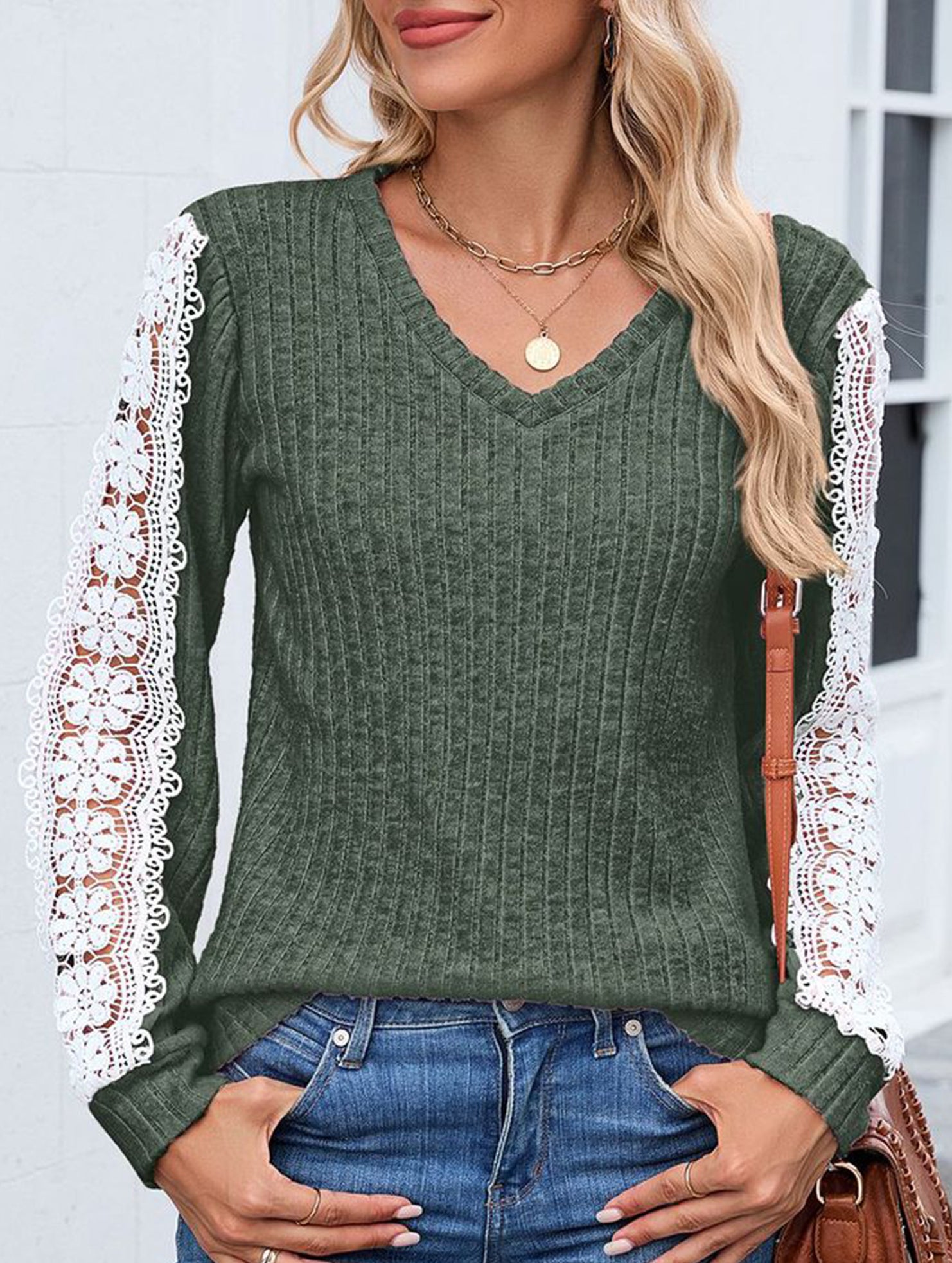 V-neck loose long-sleeved lace top