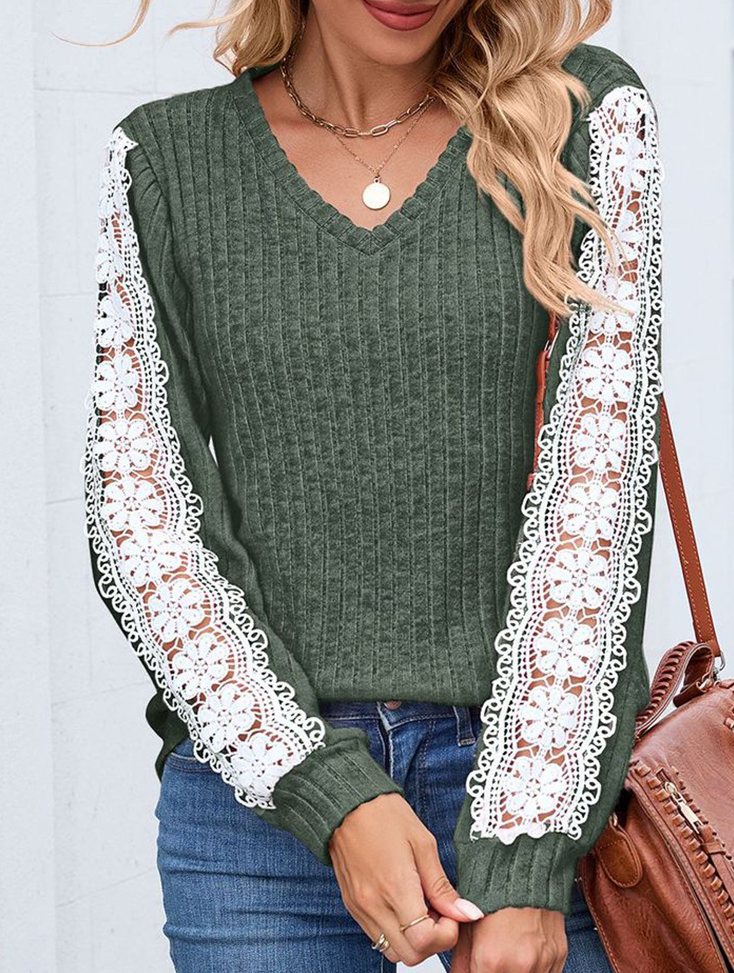 V-neck loose long-sleeved lace top