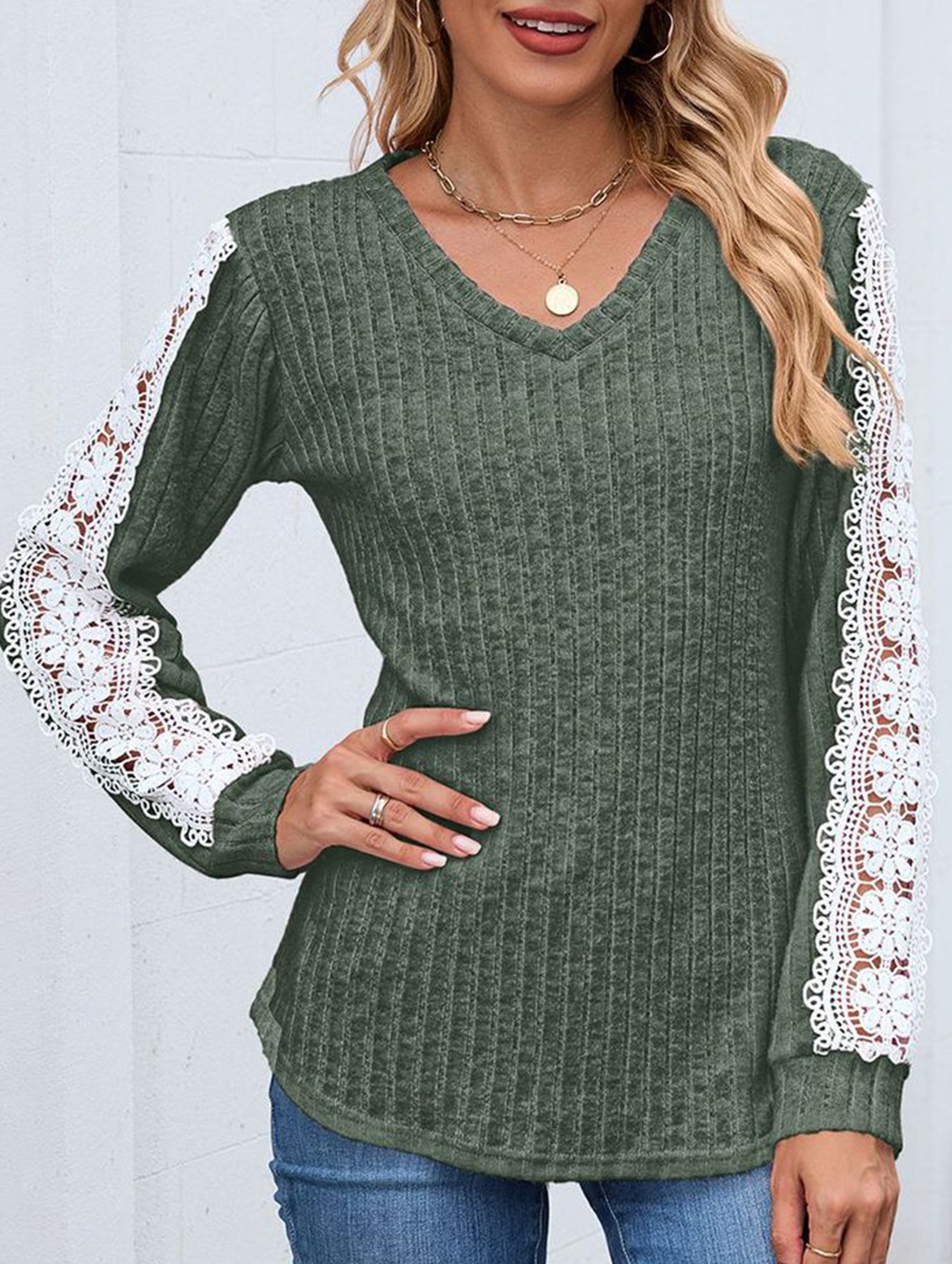 V-neck loose long-sleeved lace top