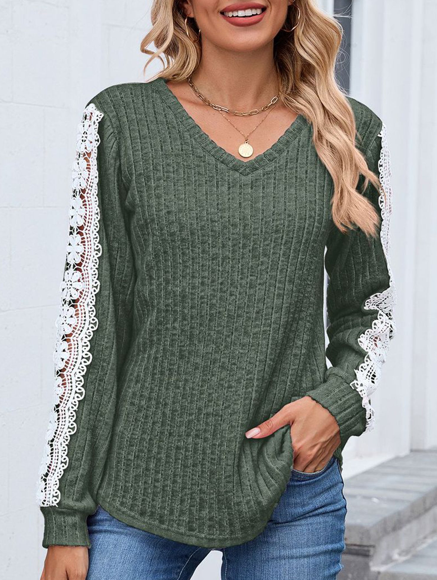 V-neck loose long-sleeved lace top