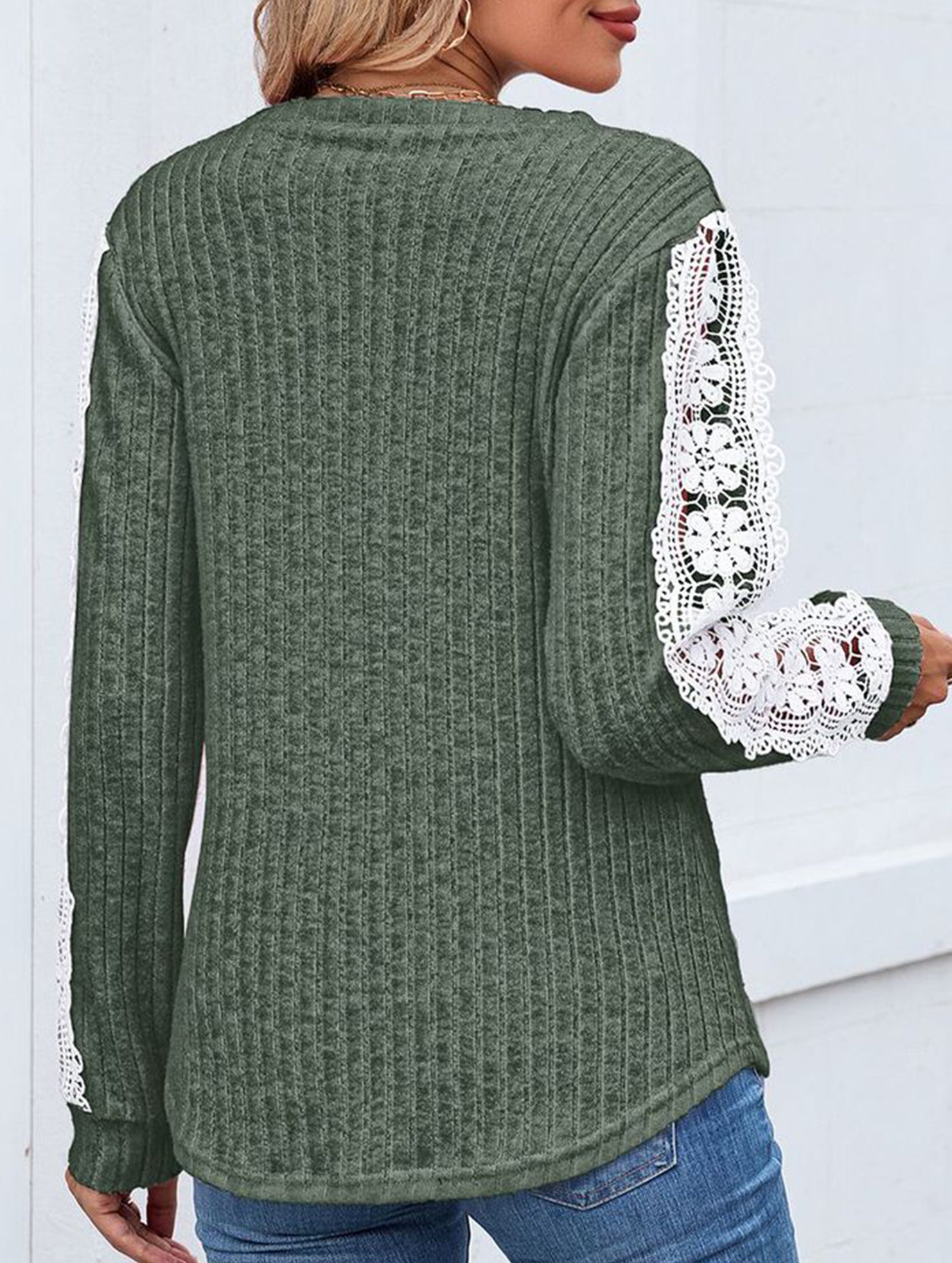 V-neck loose long-sleeved lace top