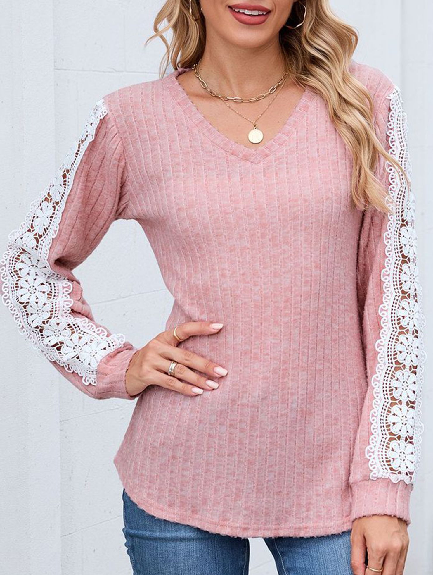 V-neck loose long-sleeved lace top