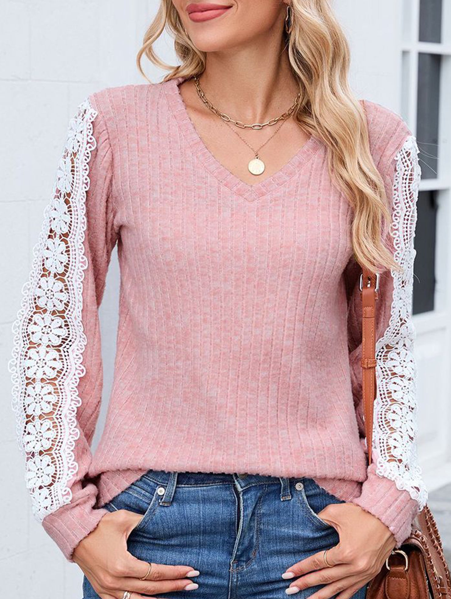 V-neck loose long-sleeved lace top