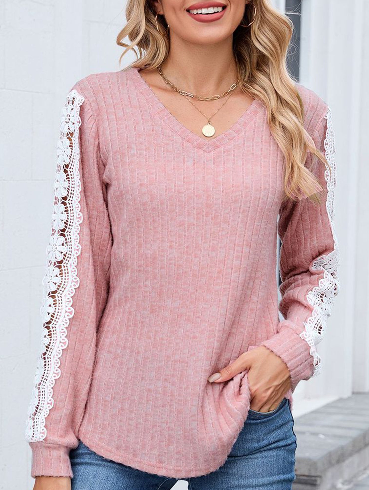 V-neck loose long-sleeved lace top