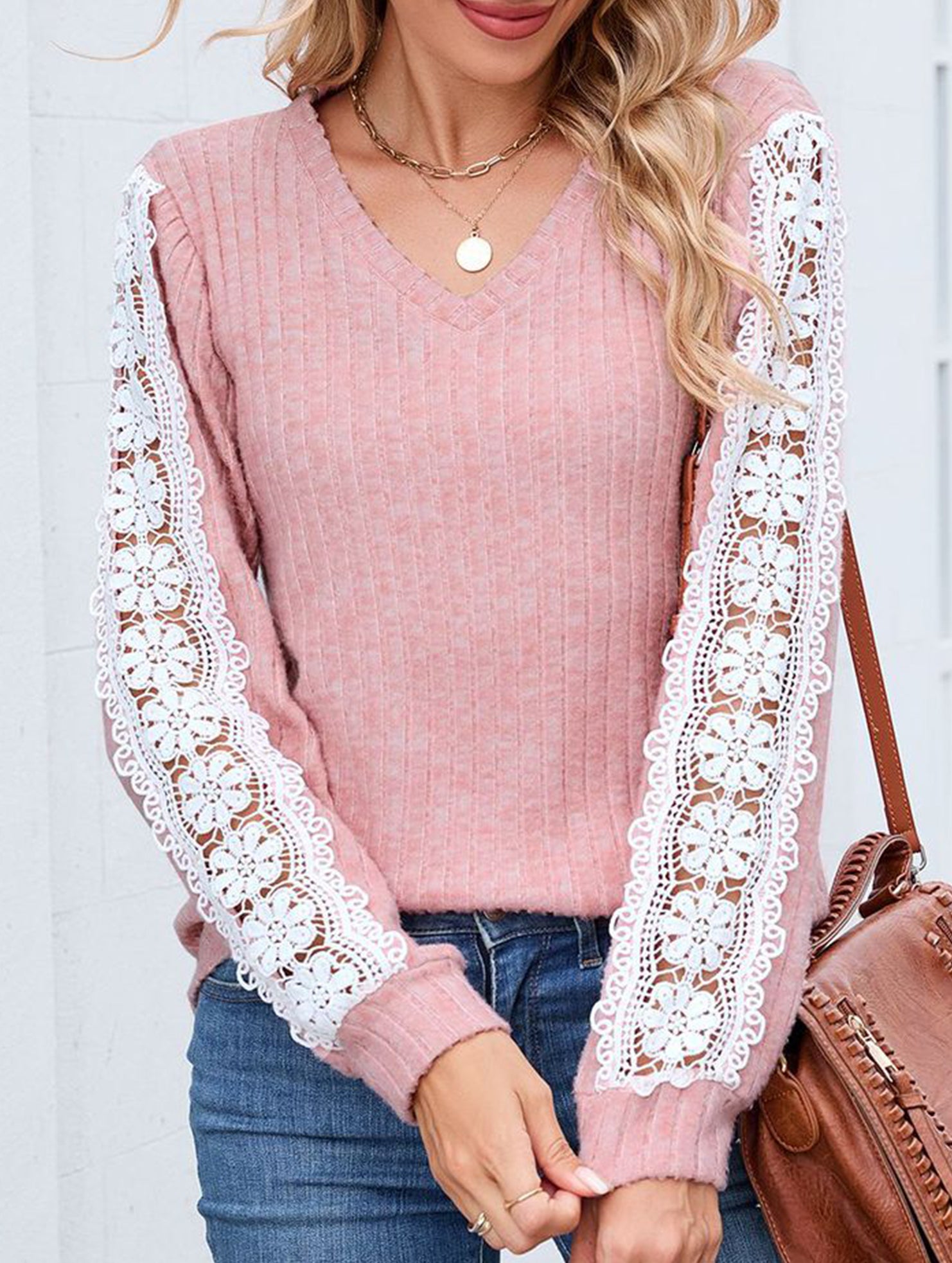 V-neck loose long-sleeved lace top