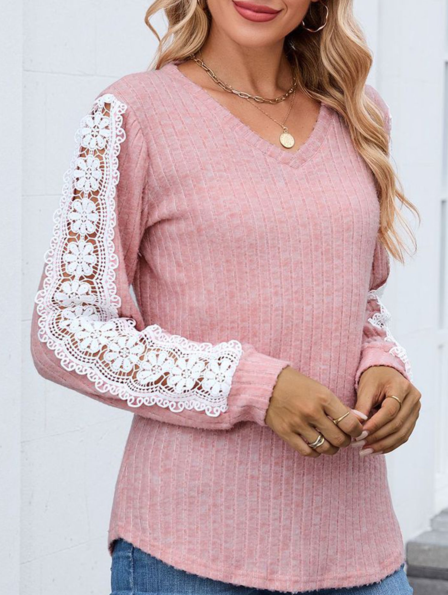 V-neck loose long-sleeved lace top
