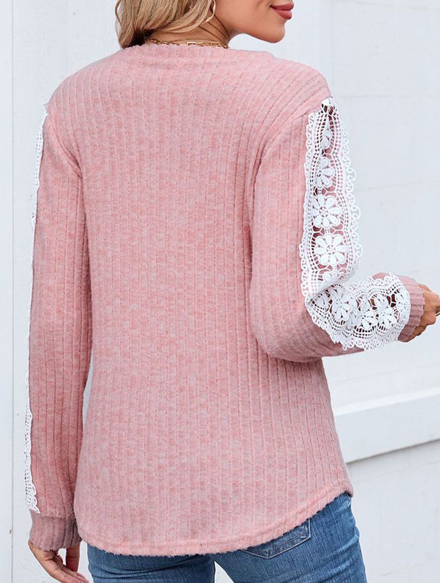 V-neck loose long-sleeved lace top