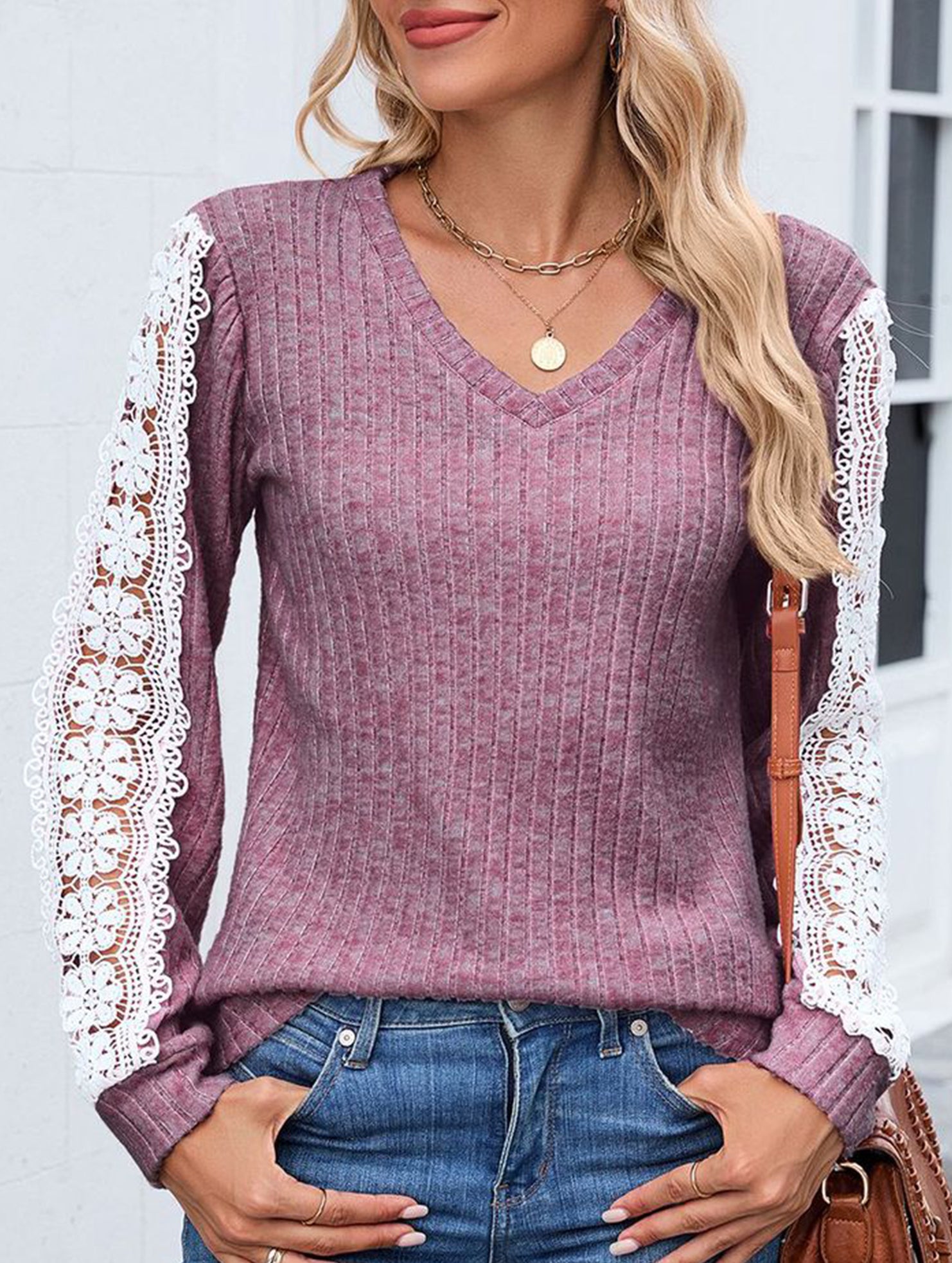 V-neck loose long-sleeved lace top