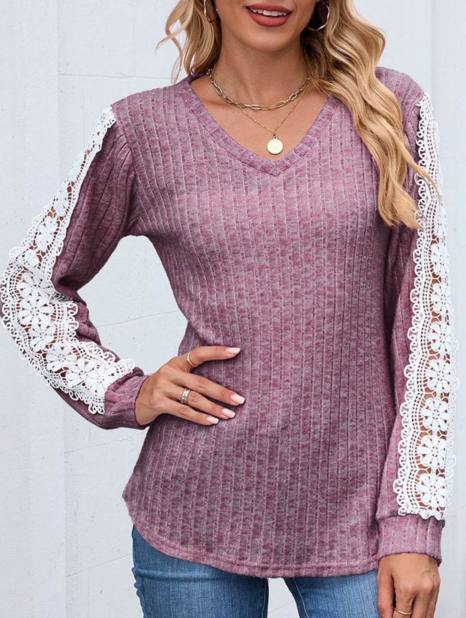 V-neck loose long-sleeved lace top