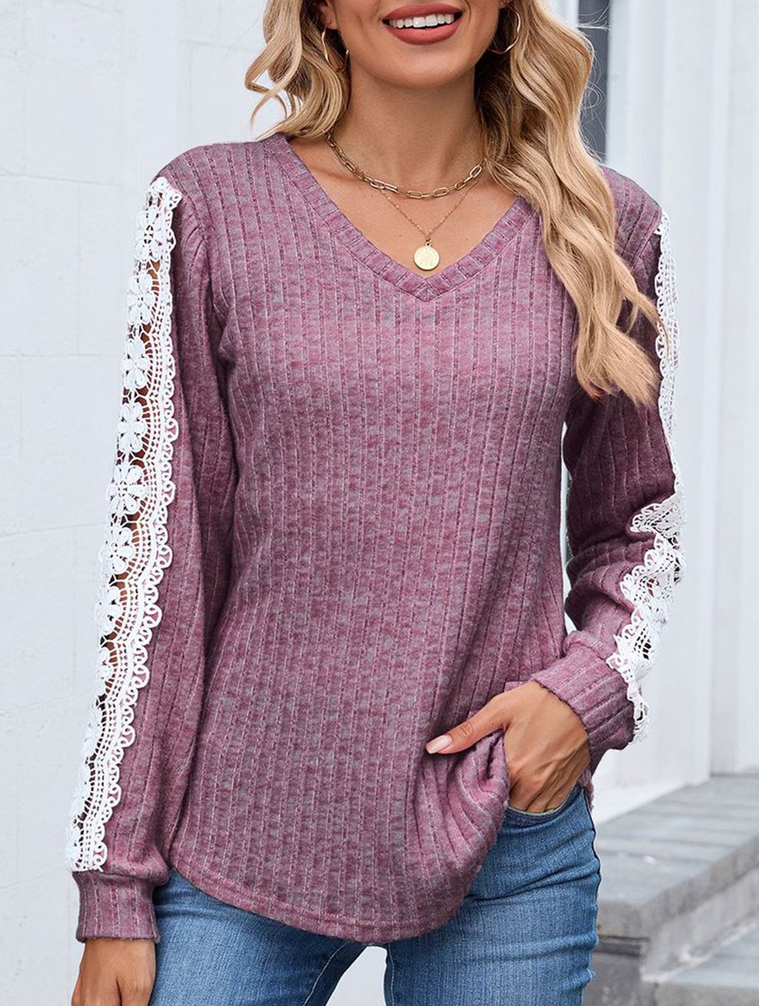 V-neck loose long-sleeved lace top