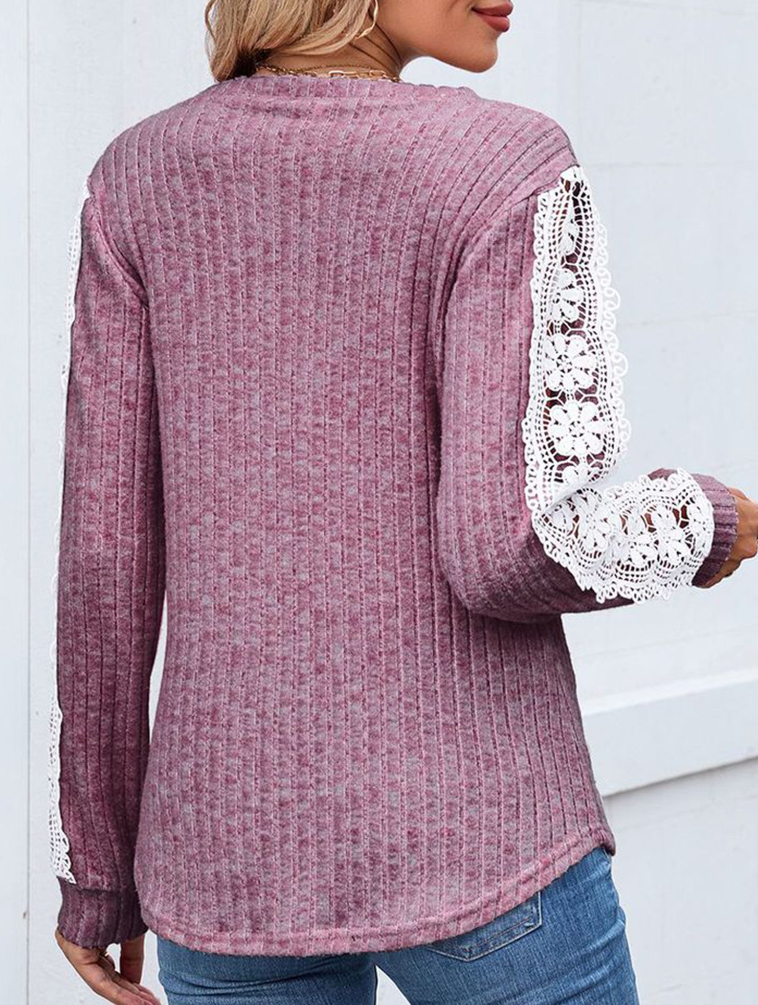 V-neck loose long-sleeved lace top
