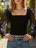 Square neck waist see-through long sleeve shirt