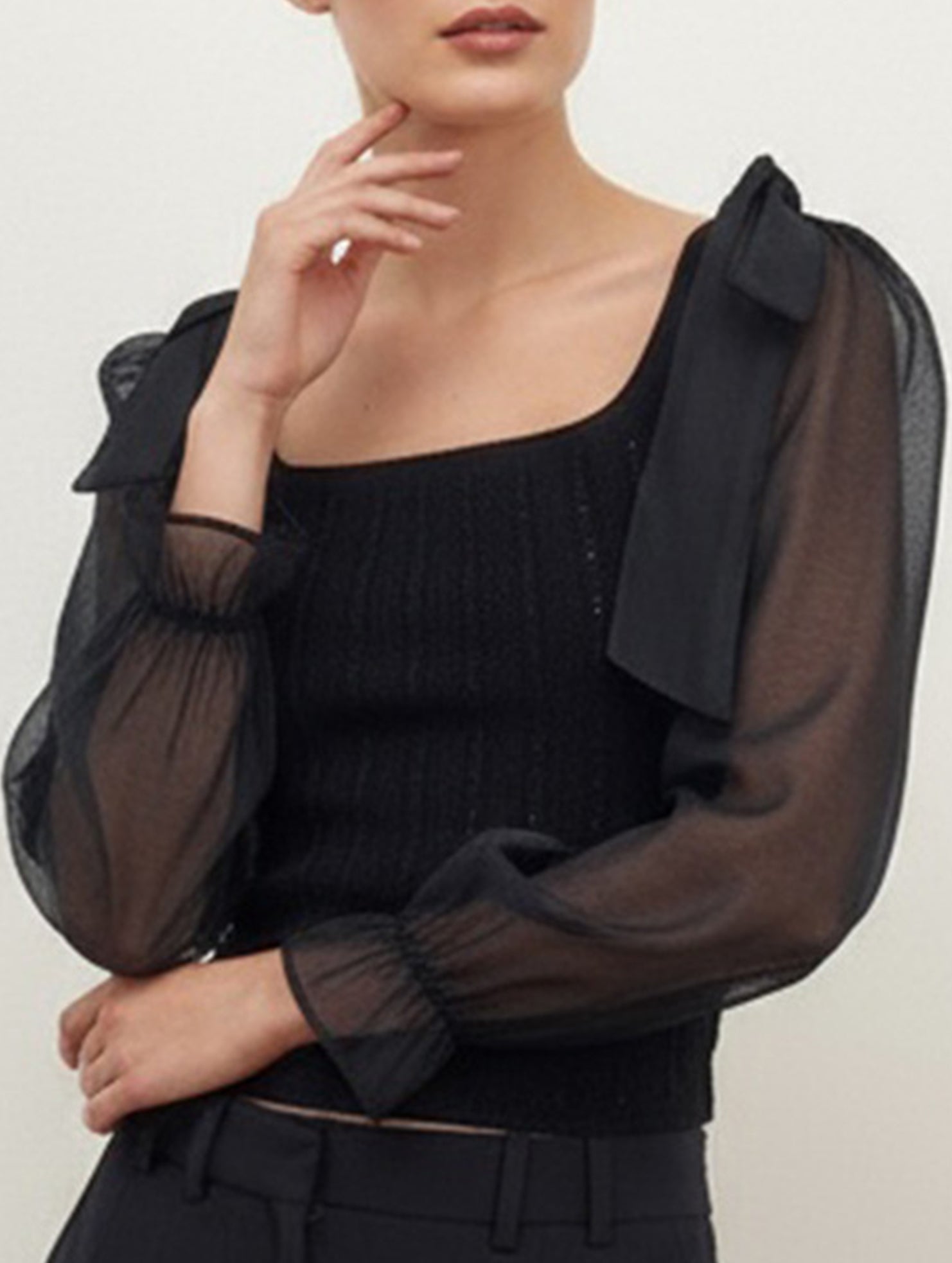 Square neck waist see-through long sleeve shirt