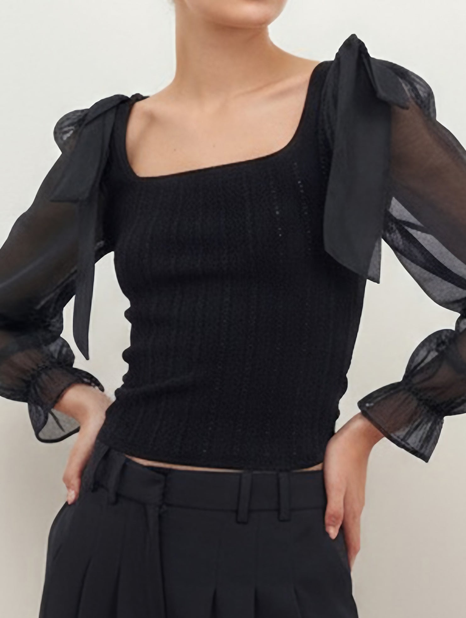 Square neck waist see-through long sleeve shirt