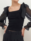 Square neck waist see-through long sleeve shirt