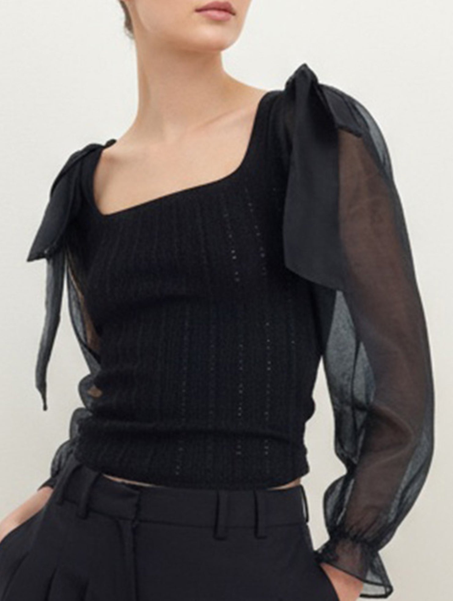 Square neck waist see-through long sleeve shirt