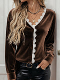 Retro V-neck lace-trimmed velvet shirt