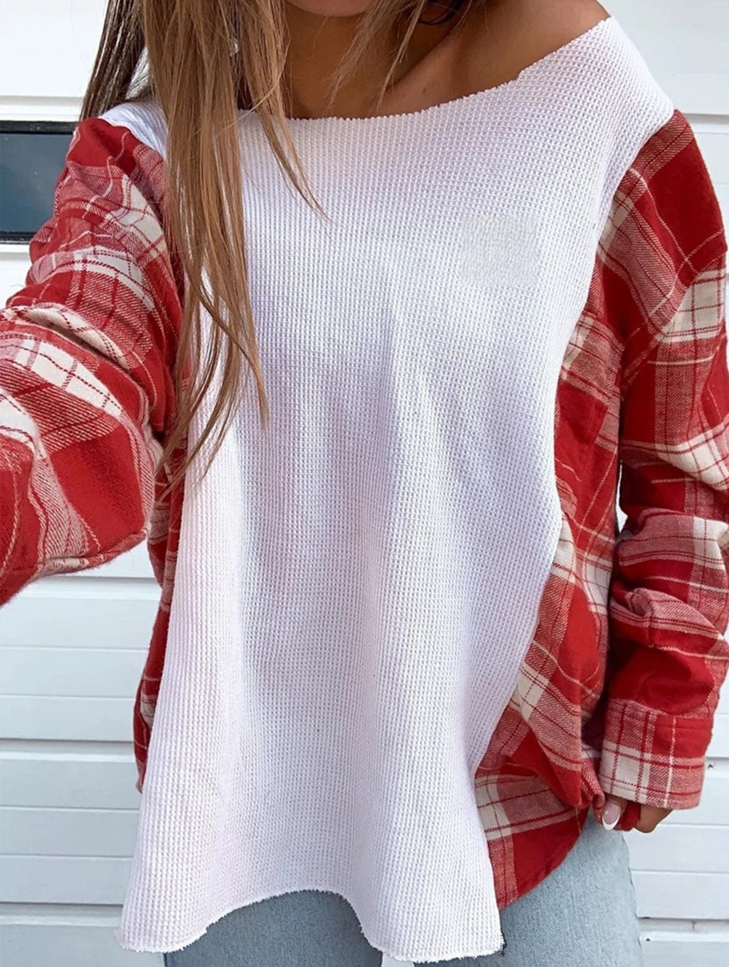 retro-style red and white plaid off-shoulder top