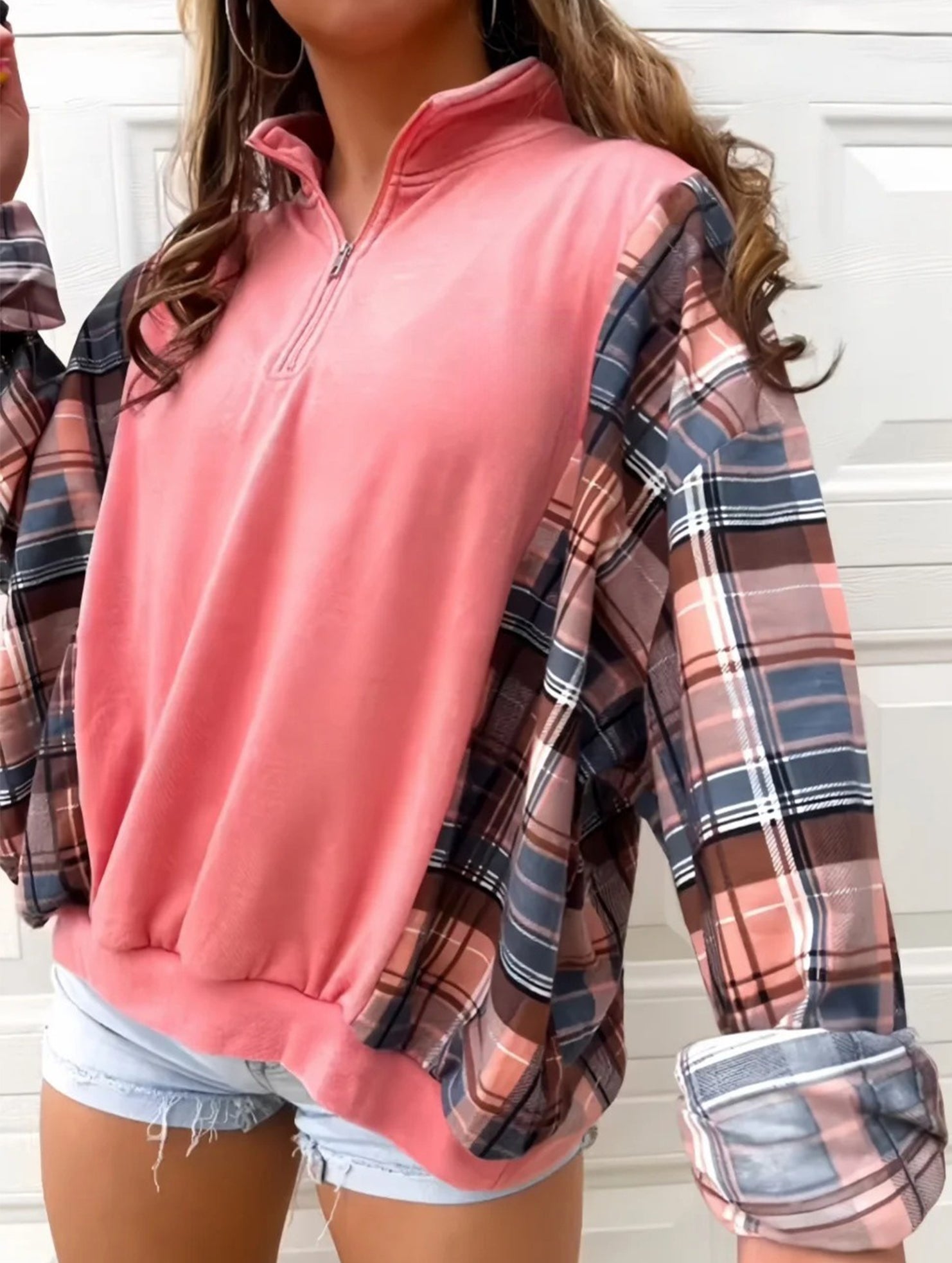 retro-style pink plaid velvet sweatshirt