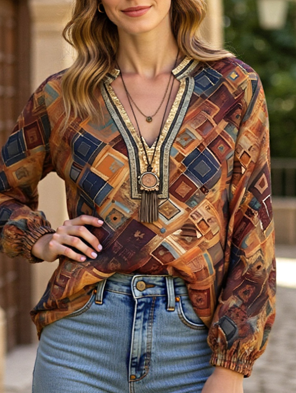 bohemian-style geometric print shirt