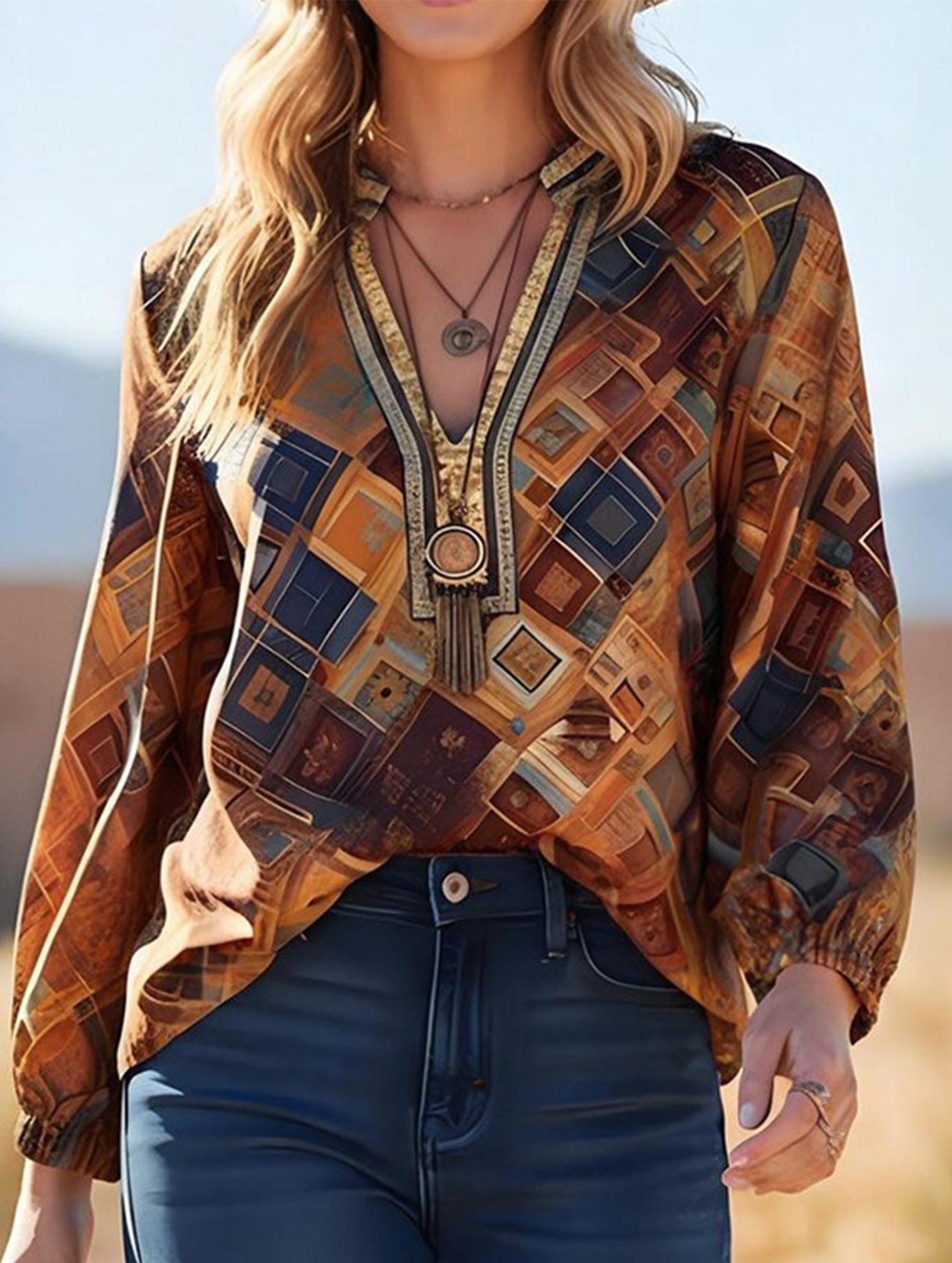 bohemian-style geometric print shirt