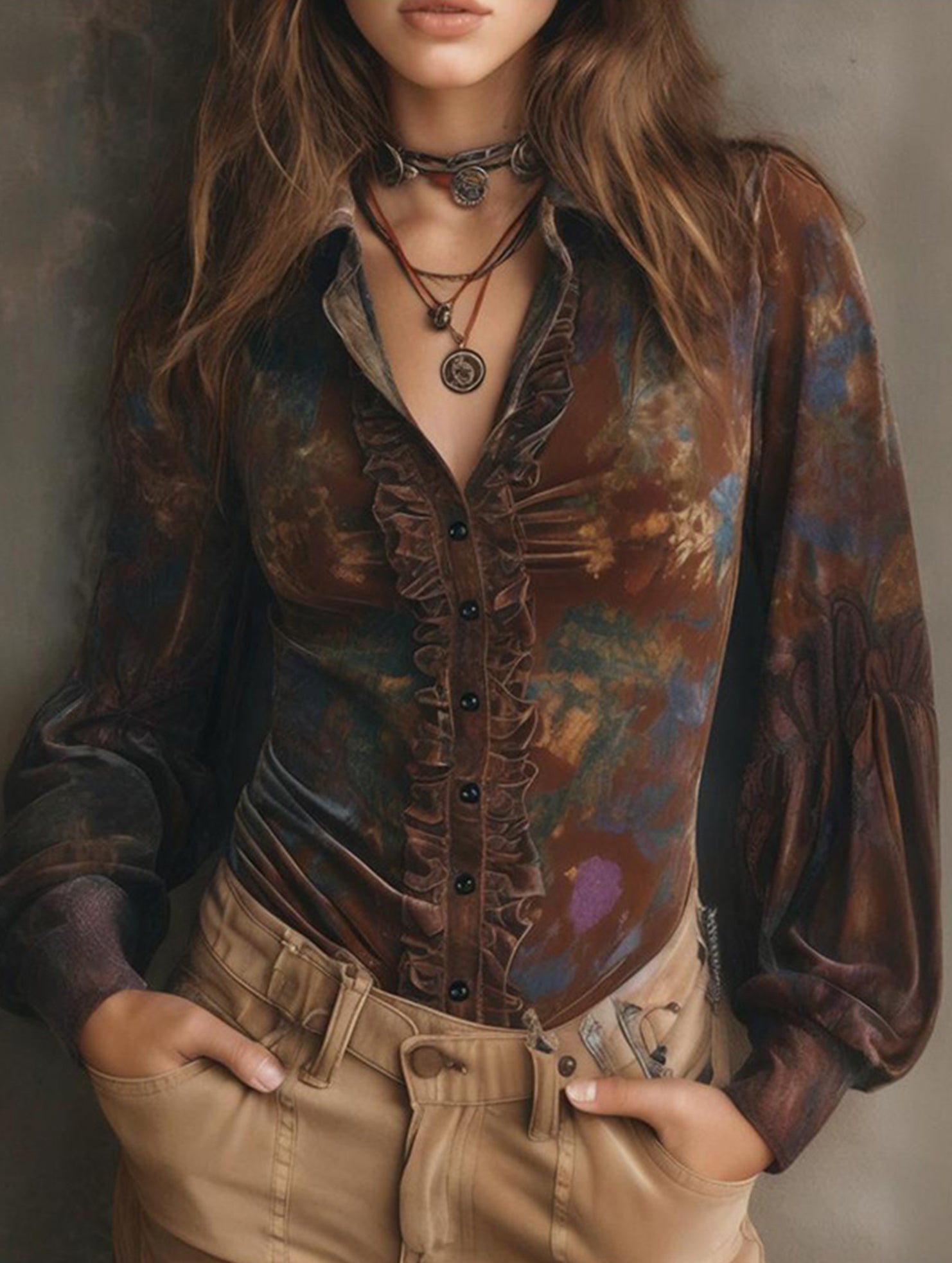 retro tie-dye velvet long-sleeved shirt