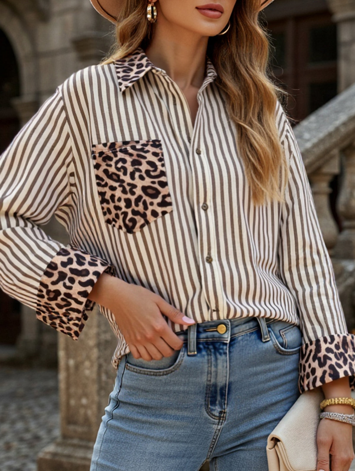 Leopard print patchwork cardigan striped shirt