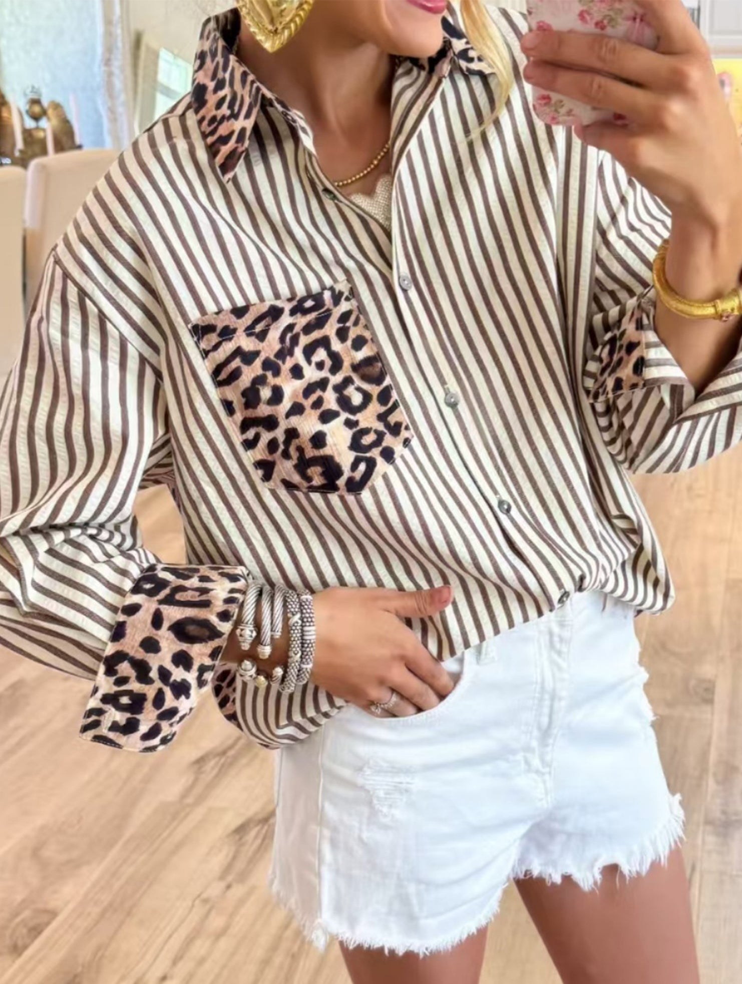 Leopard print patchwork cardigan striped shirt