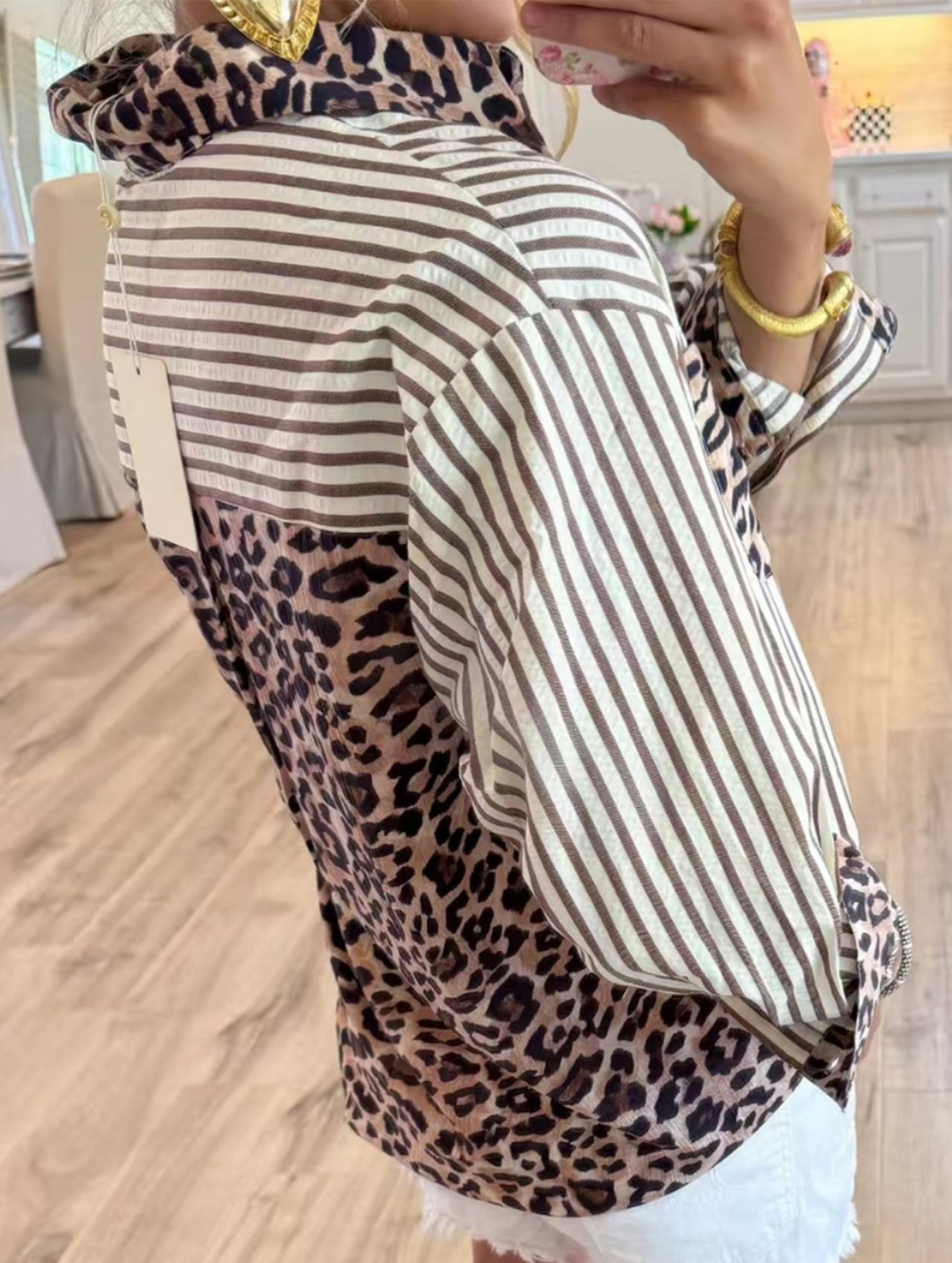 Leopard print patchwork cardigan striped shirt