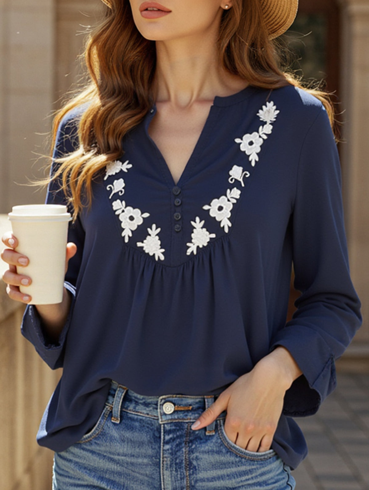 Embroidered V-neck long-sleeved casual shirt
