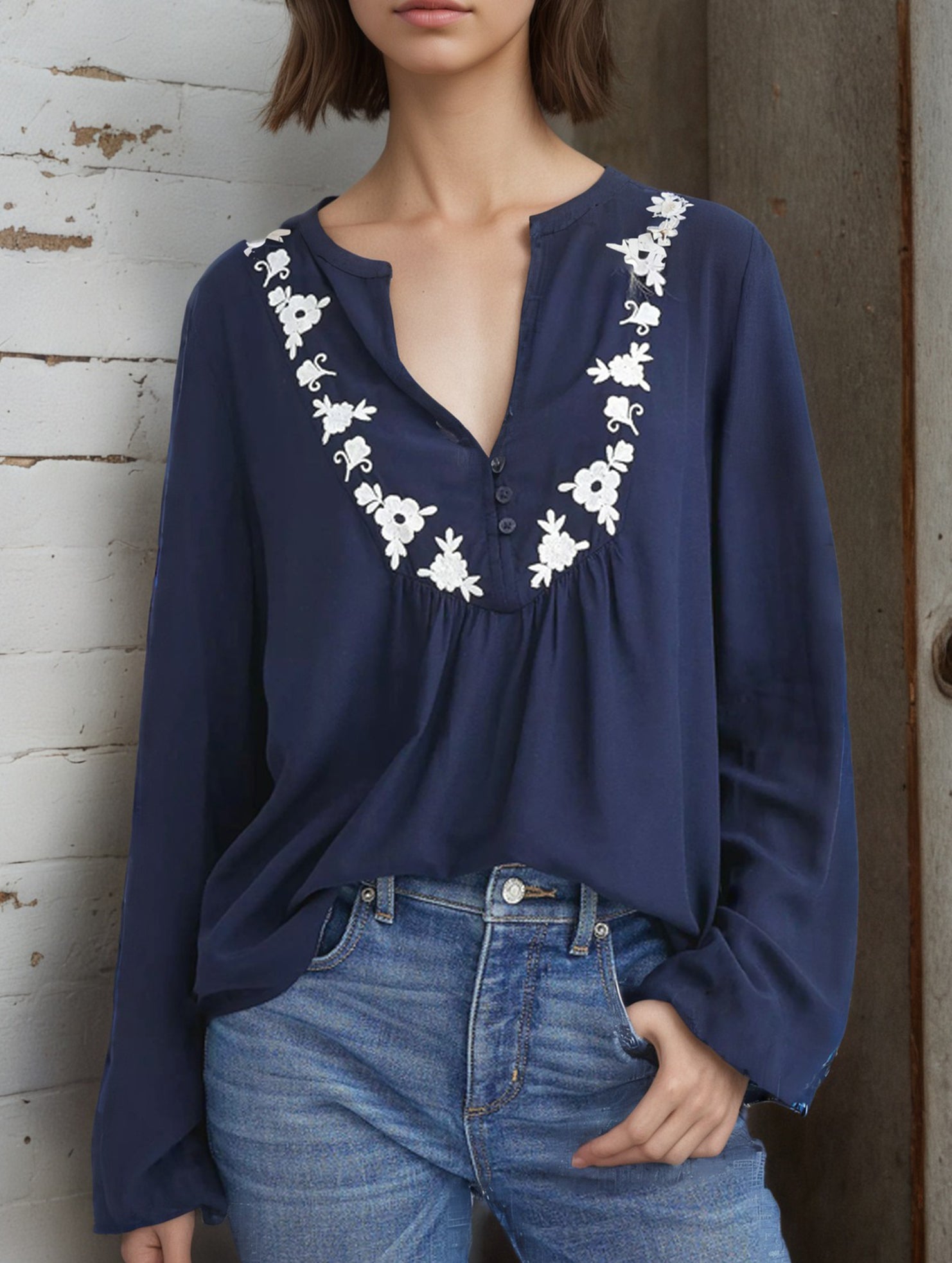 Embroidered V-neck long-sleeved casual shirt