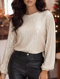Round neck long-sleeved sequined open back shirt